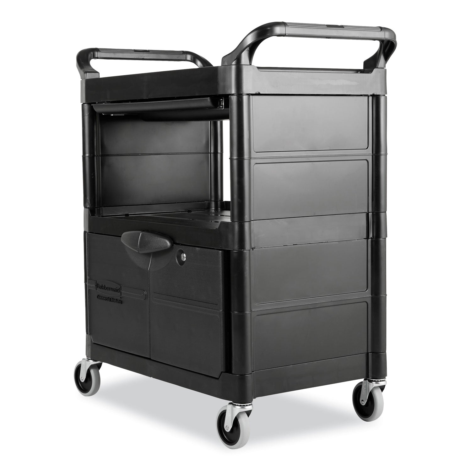 Utility Cart with Locking Doors, Plastic, 3 Shelves, 200 lb Capacity, 33.63" x 18.63" x 37.75", Black - 