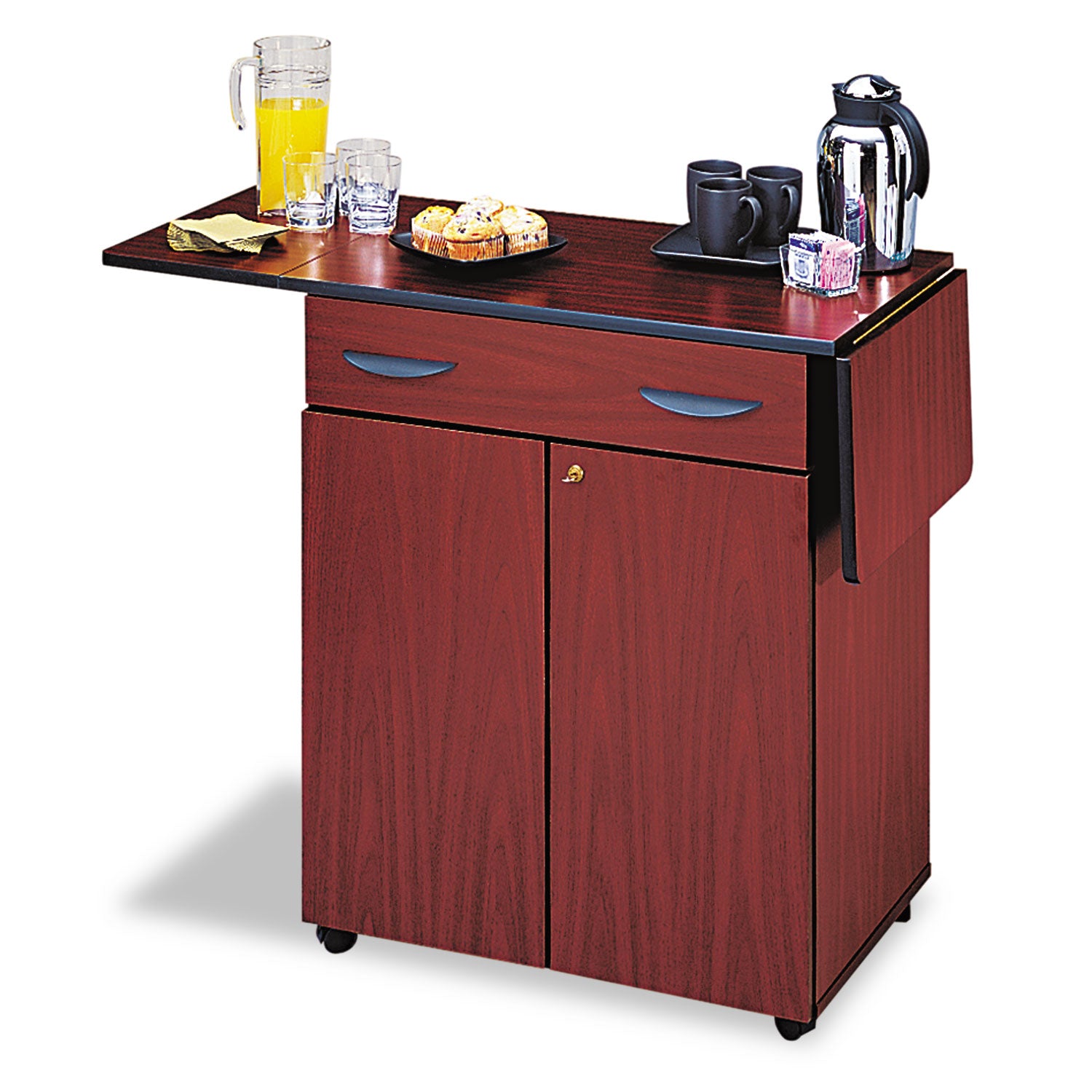Hospitality Cart with Drop Leaves, Engineered Wood, 3 Shelves, 1 Drawer, 32.5" to 56.25" x 20.5" x 38.75", Mahogany - 