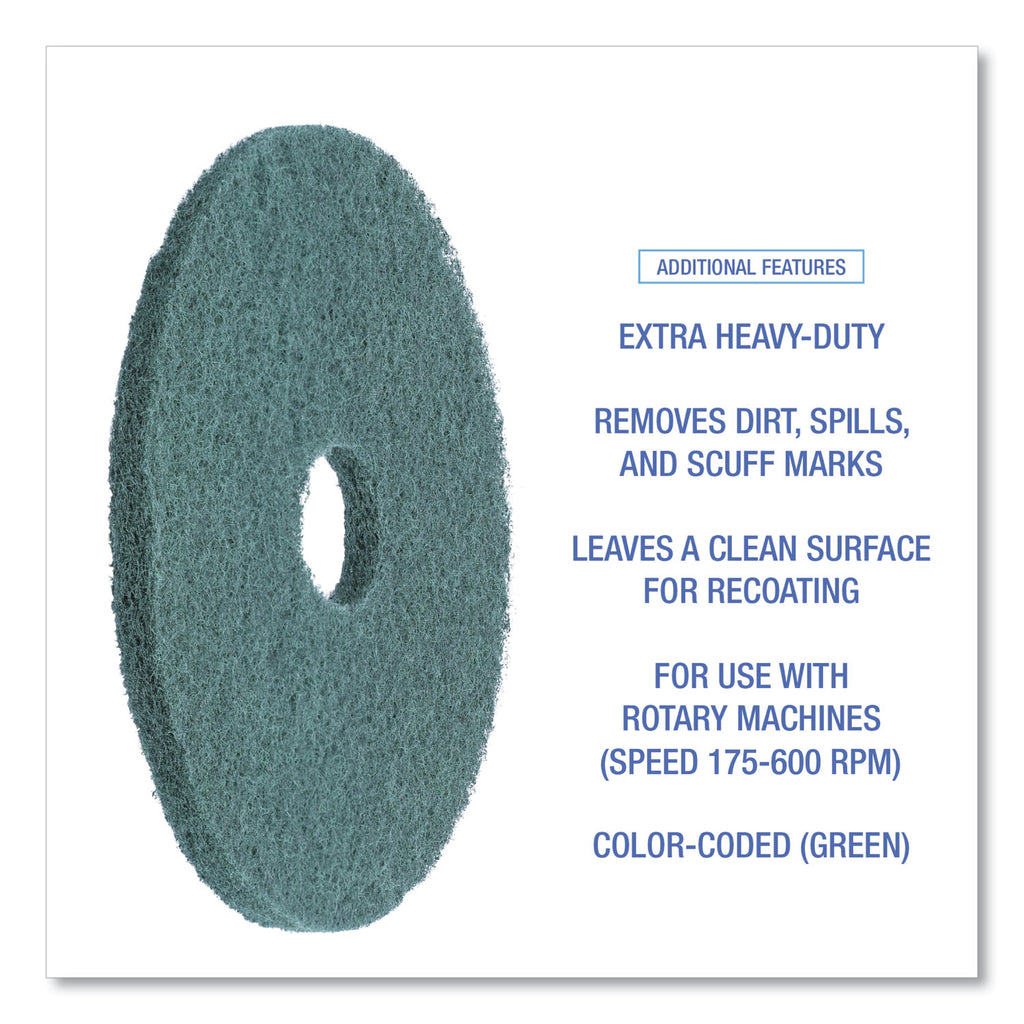 Heavy-Duty Scrubbing Floor Pads, 16" Diameter, Green, 5/Carton