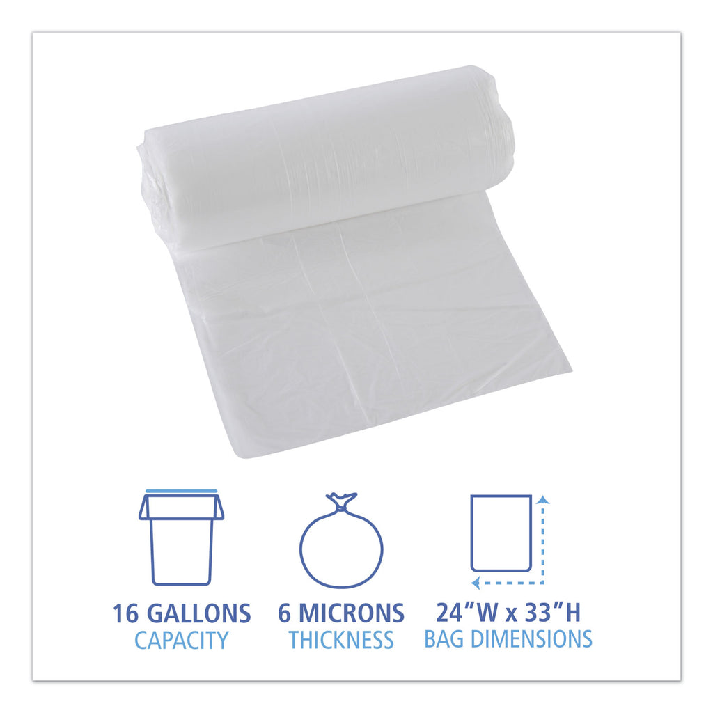 High-Density Can Liners, 16 gal, 6 mic, 24" x 33", Natural, 50 Bags/Roll, 20 Rolls/Carton