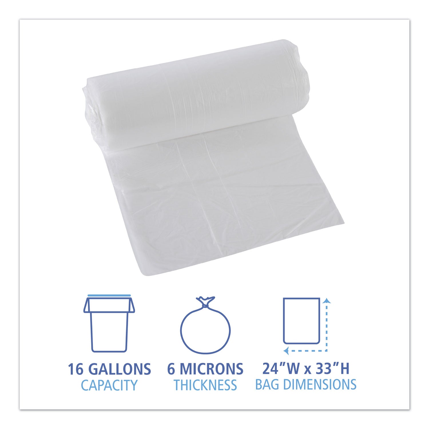 High-Density Can Liners, 16 gal, 6 mic, 24" x 33", Natural, 50 Bags/Roll, 20 Rolls/Carton