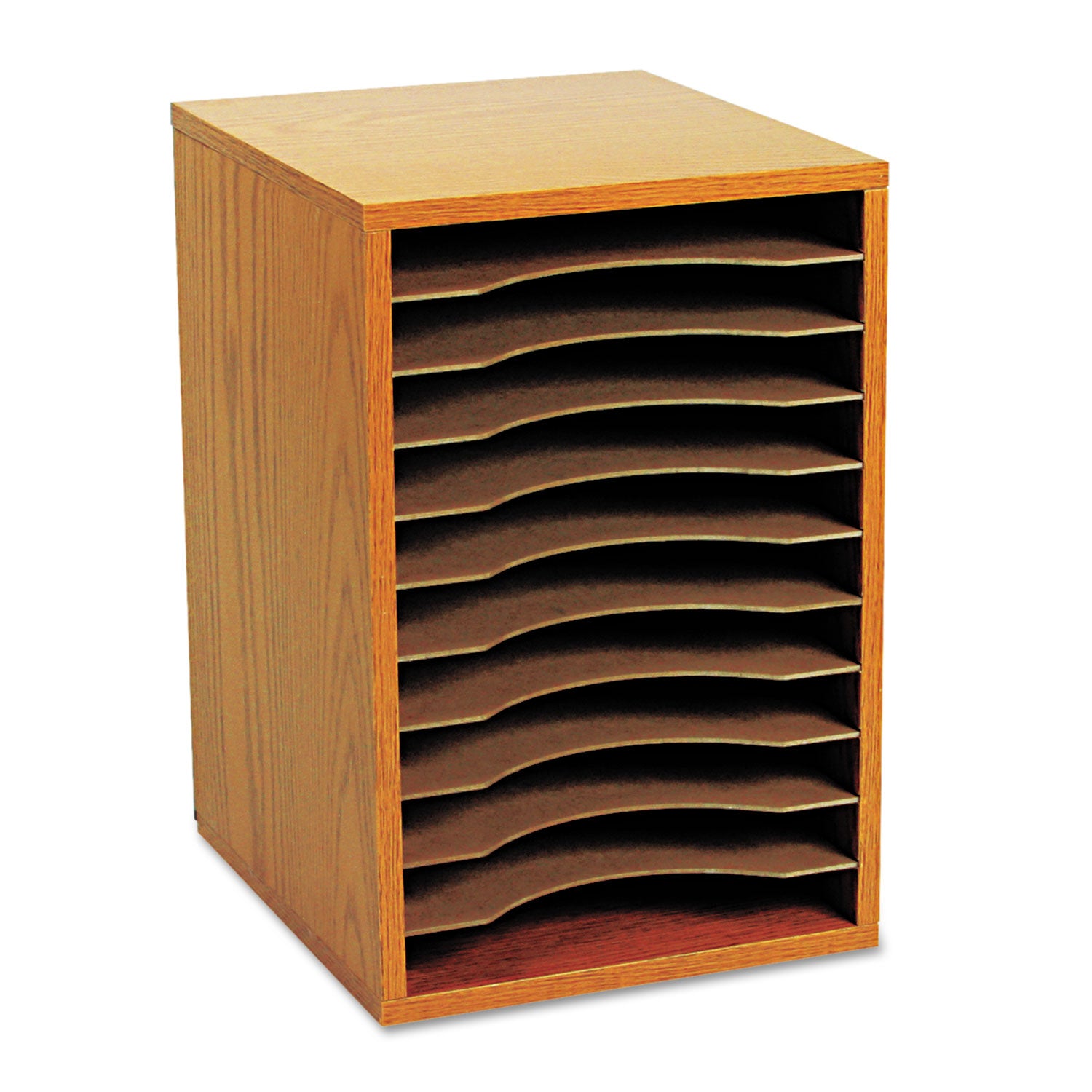Wood Vertical Desktop Sorter, 11 Compartments, 10.63 x 11.88 x 16, Medium Oak - 