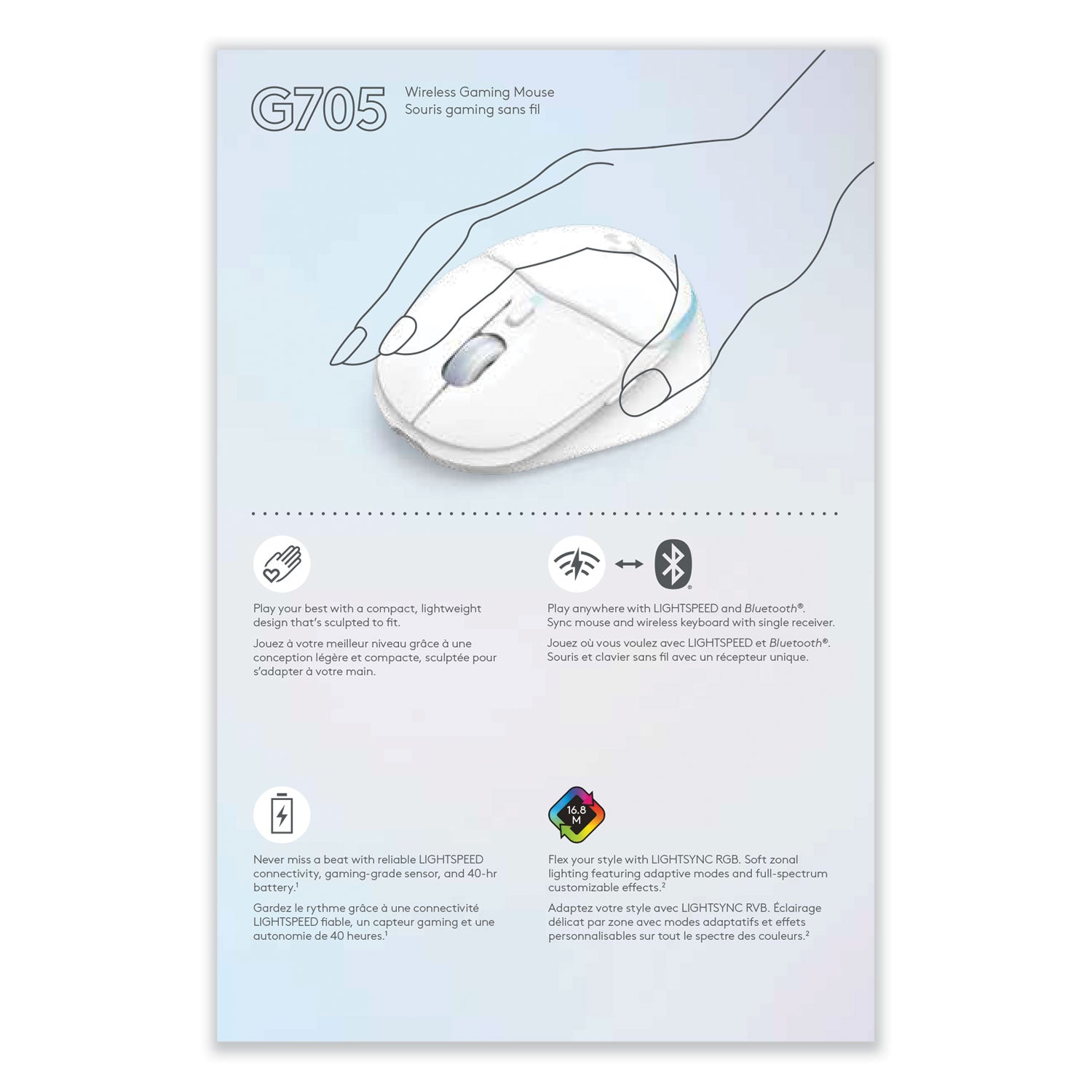 G705 Wireless Gaming Mouse, 2.4 GHz Frequency/33 ft Wireless Range, Right Hand Use, White