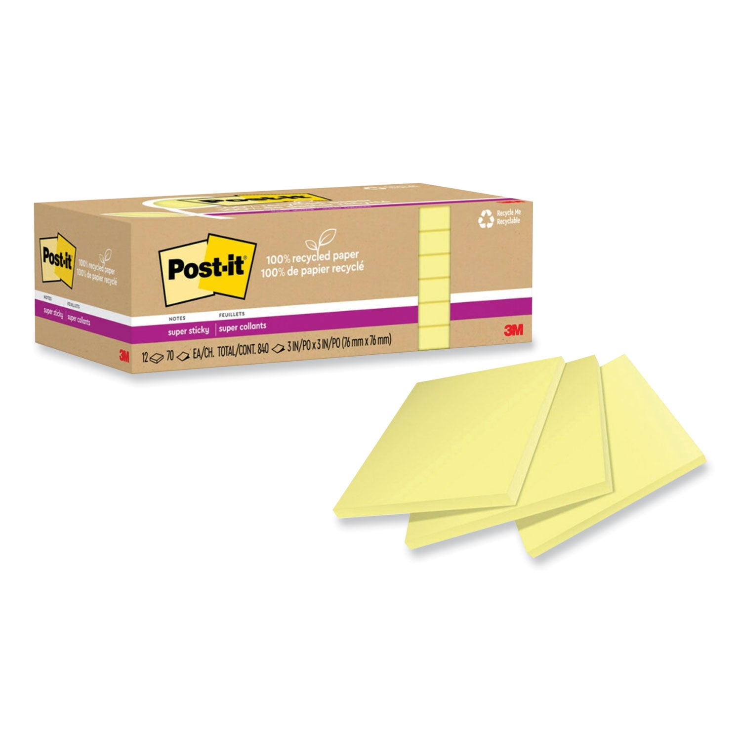 100%-recycled-paper-super-sticky-notes-3-x-3-canary-yelow-70-sheets-pad-12-pads-pack_mmm654r12sscy - 1