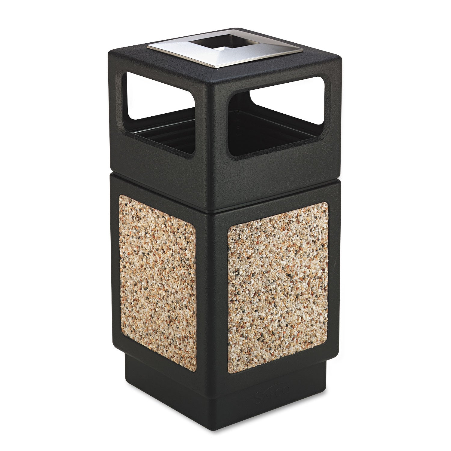 Safco Plastic/Stone Aggregate Receptacles - 38 gal Capacity - Square - 39.3" Height x 18.3" Width x 18.3" Depth - Polyethylene, Stainless Steel - Black - 1 Each