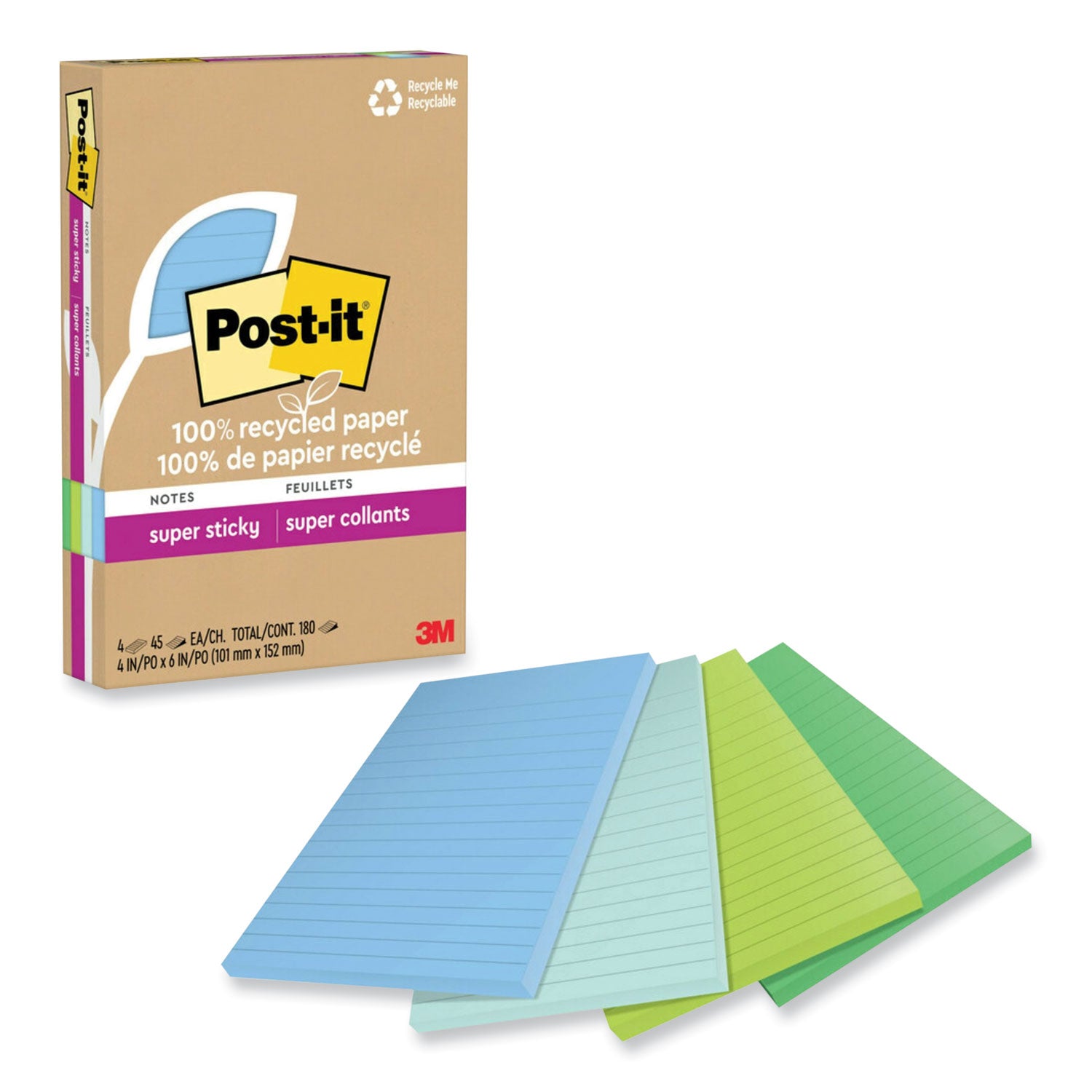 100%-recycled-paper-super-sticky-notes-ruled-4-x-6-oasis-45-sheets-pad-4-pads-pack_mmm4621r4sst - 1