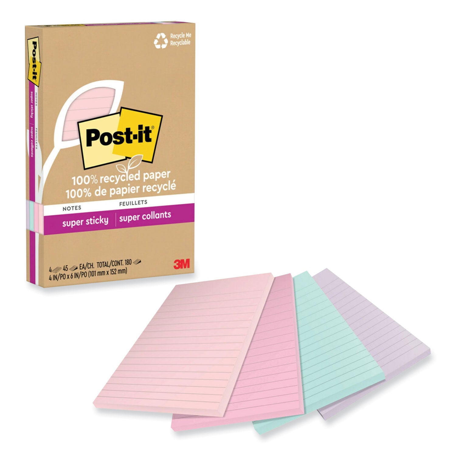 100%-recycled-paper-super-sticky-notes-ruled-4-x-6-wanderlust-pastels-45-sheets-pad-4-pads-pack_mmm4621r4ssnrp - 1