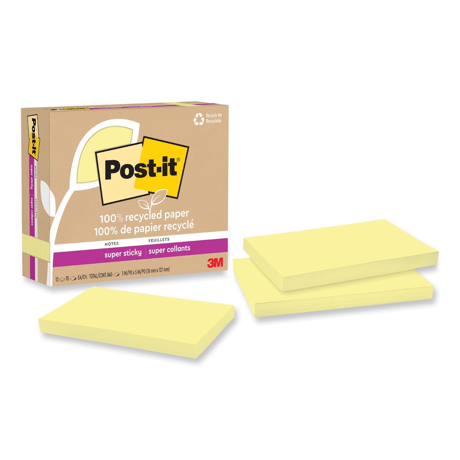 100%-recycled-paper-super-sticky-notes-3-x-5-canary-yellow-70-sheets-pad-12-pads-pack_mmm655r12sscy - 1