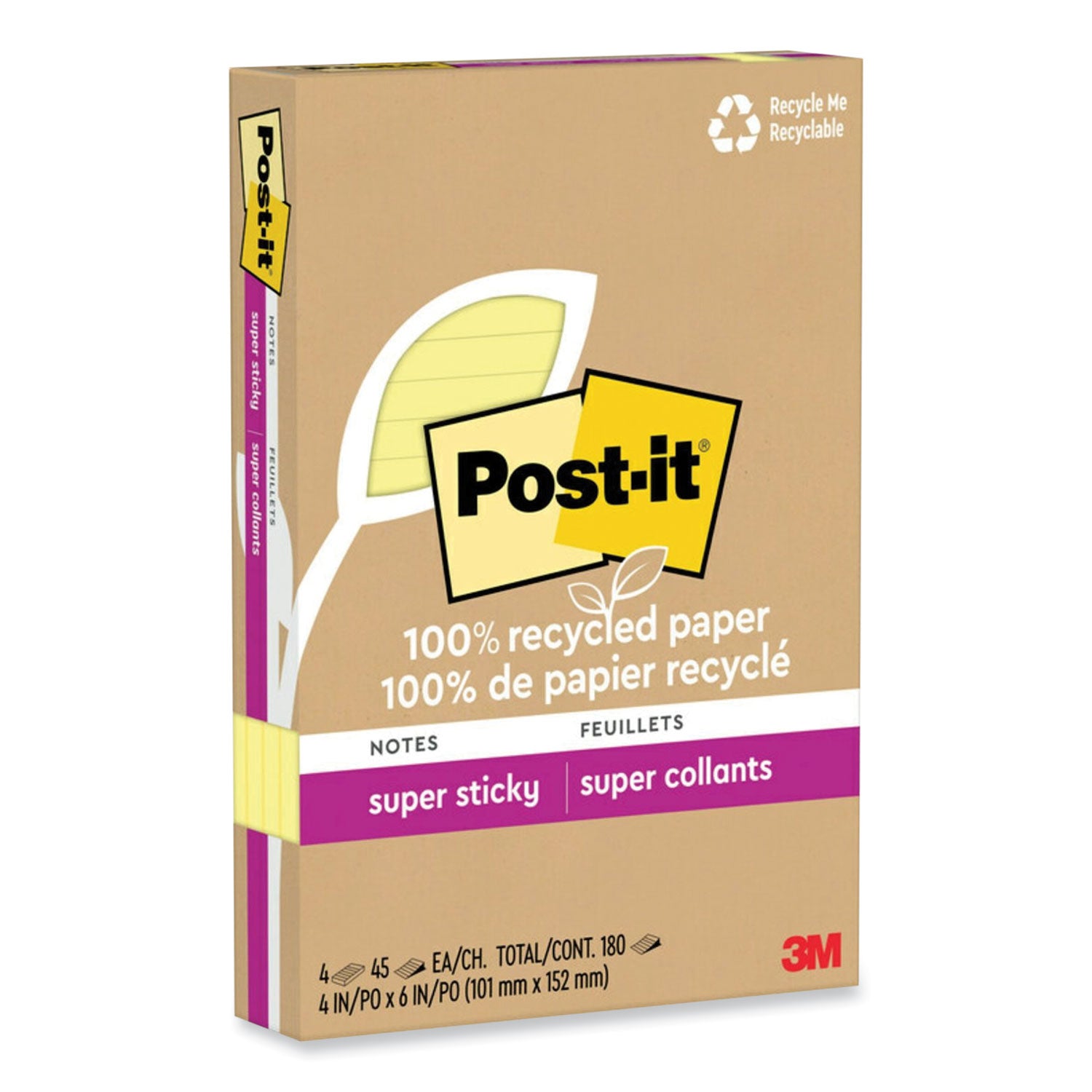 100%-recycled-paper-super-sticky-notes-ruled-4-x-6-canary-yellow-45-sheets-pad-4-pads-pack_mmm4621r4sscy - 1