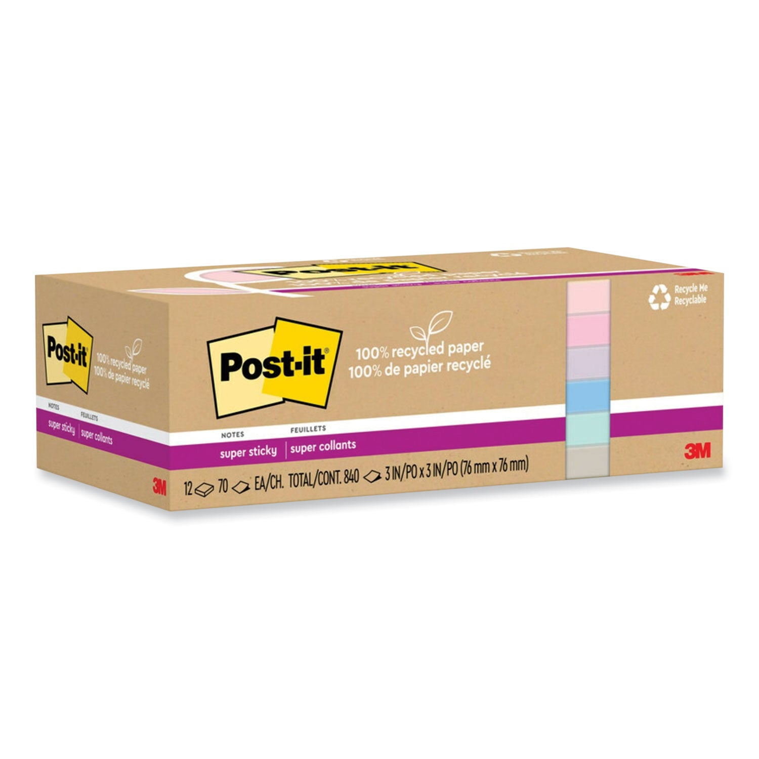 100% Recycled Paper Super Sticky Notes, 3" x 3", Wanderlust Pastels, 70 Sheets/Pad, 12 Pads/Pack