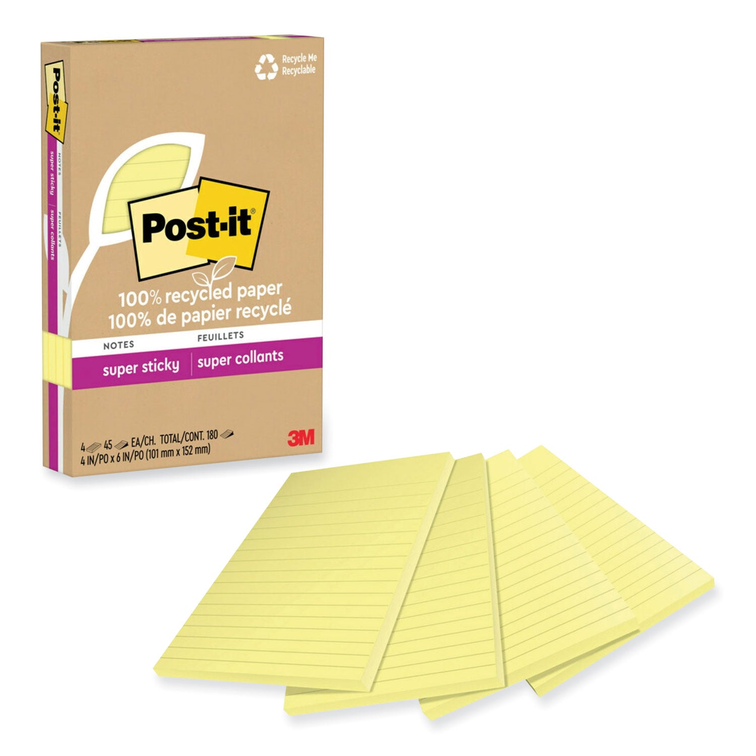 100%-recycled-paper-super-sticky-notes-ruled-4-x-6-canary-yellow-45-sheets-pad-4-pads-pack_mmm4621r4sscy - 2