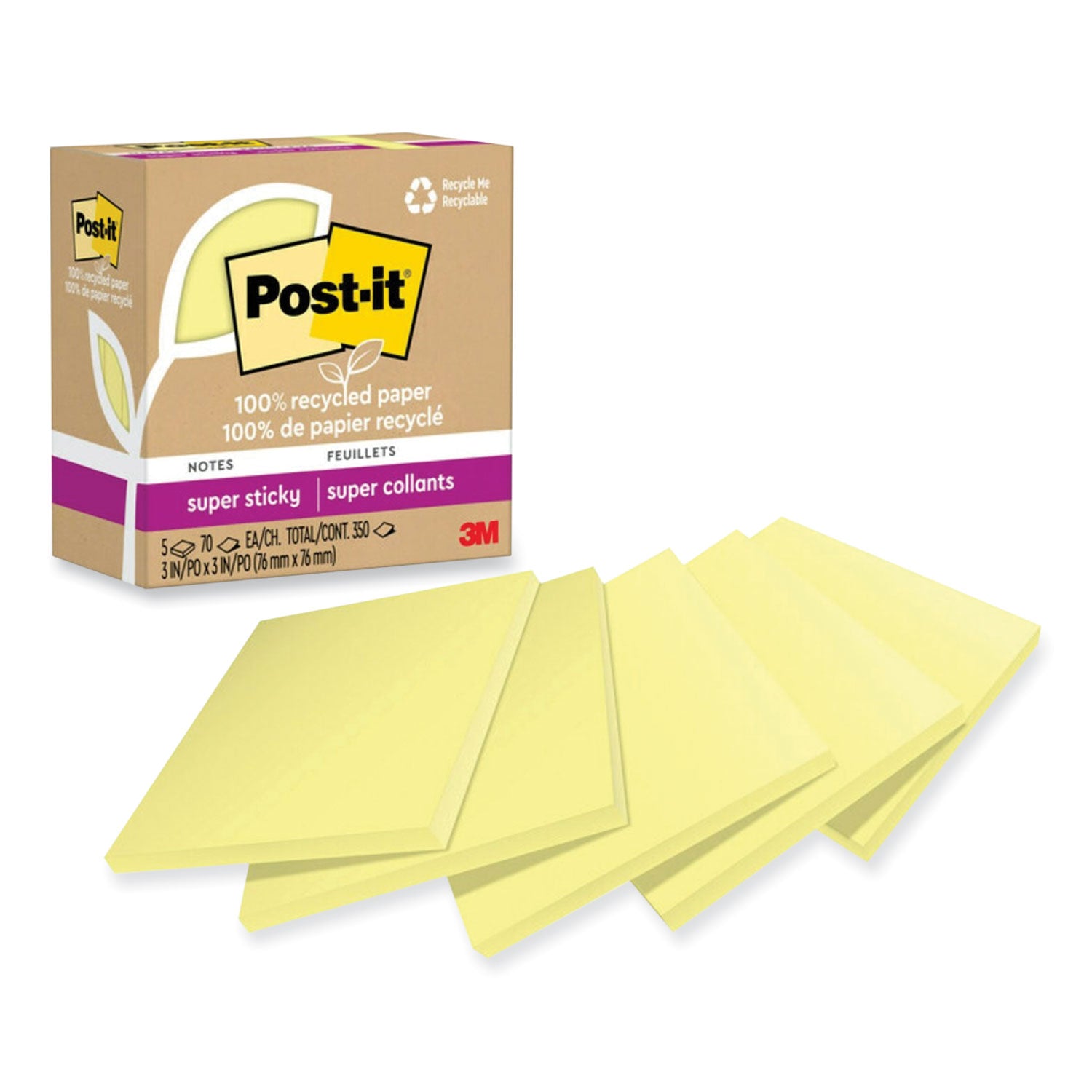 100%-recycled-paper-super-sticky-notes-3-x-3-canary-yellow-70-sheets-pad-5-pads-pack_mmm654r5sscy - 1