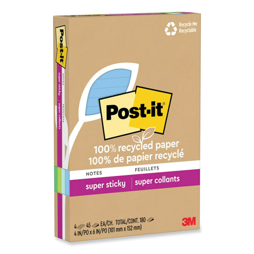 100% Recycled Paper Super Sticky Notes, Ruled, 4" x 6", Oasis, 45 Sheets/Pad, 4 Pads/Pack
