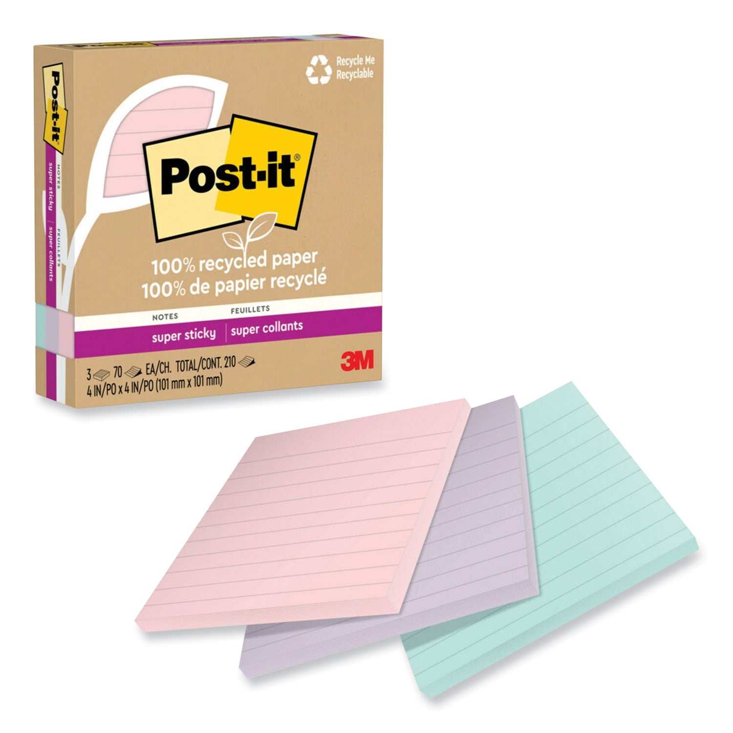 100%-recycled-paper-super-sticky-notes-ruled-4-x-4-wanderlust-pastels-70-sheets-pad-3-pads-pack_mmm675r3ssnrp - 1