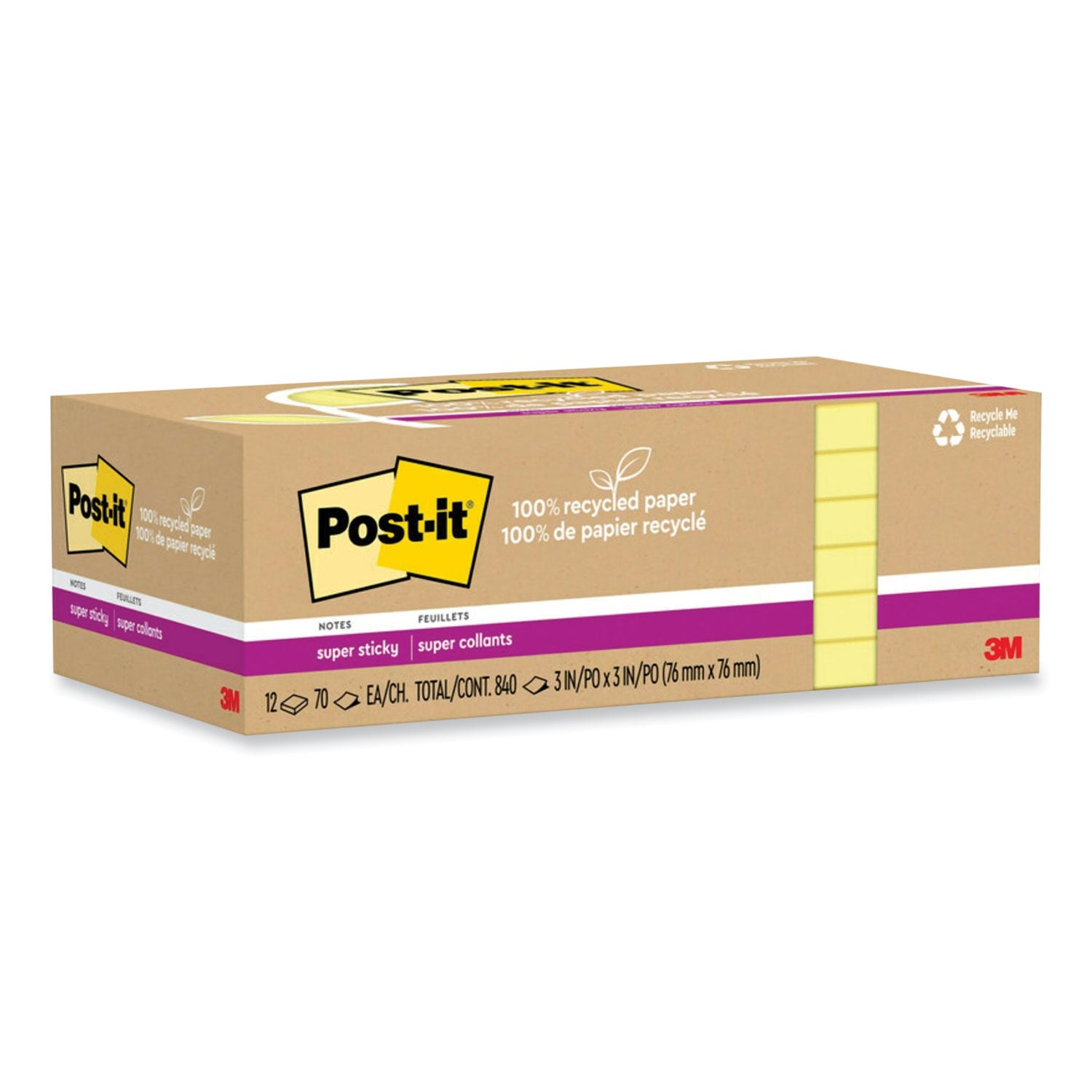 100%-recycled-paper-super-sticky-notes-3-x-3-canary-yelow-70-sheets-pad-12-pads-pack_mmm654r12sscy - 2