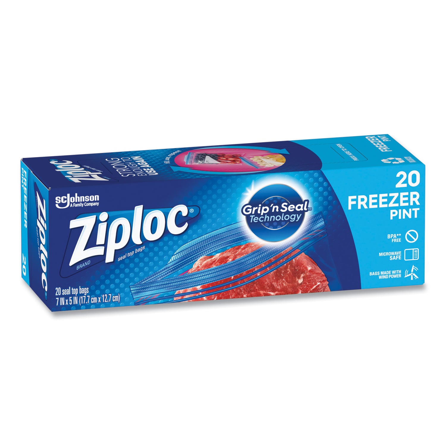 Ziploc Grip n' Seal Freezer Bags - 5" Width x 7" Length - Blue - Plastic - 20/Box - Food, Meat, Poultry, Fish
