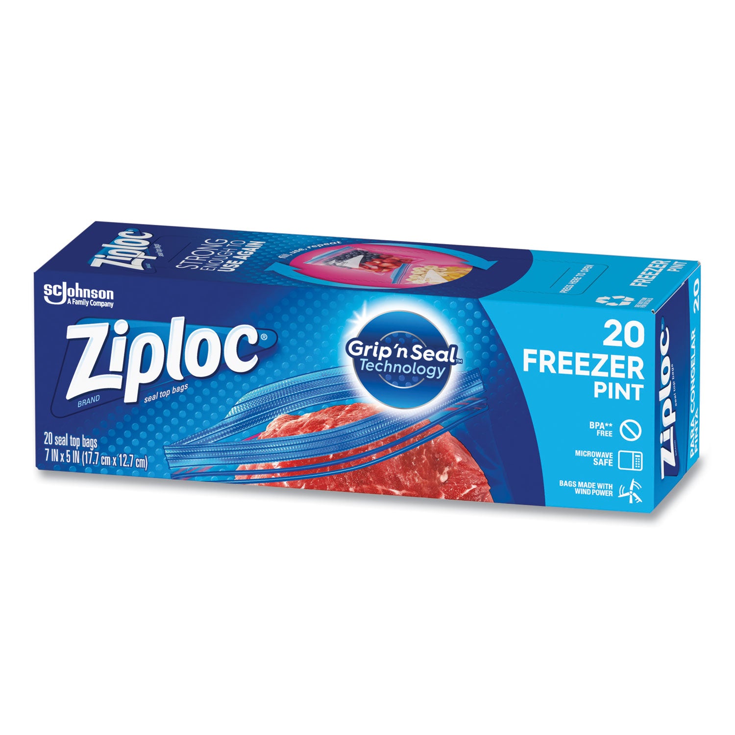 Ziploc Grip n' Seal Freezer Bags - 5" Width x 7" Length - Blue - Plastic - 20/Box - Food, Meat, Poultry, Fish