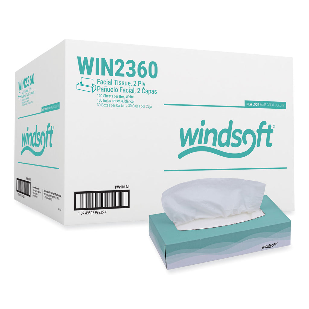 Facial Tissue, 2 Ply, White, Flat Pop-Up Box, 100 Sheets/Box, 30 Boxes/Carton - 
