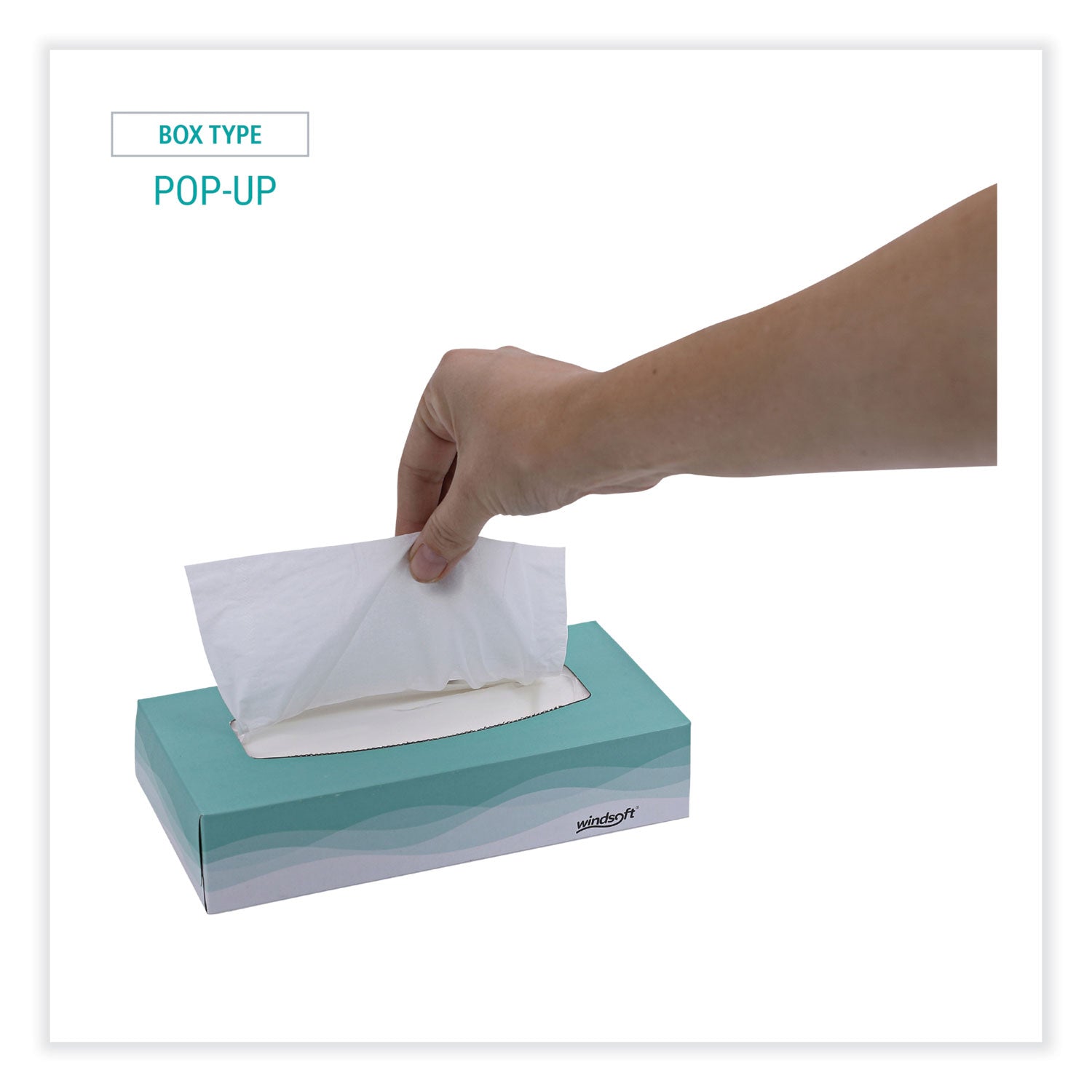 Facial Tissue, 2 Ply, White, Flat Pop-Up Box, 100 Sheets/Box, 30 Boxes/Carton - 