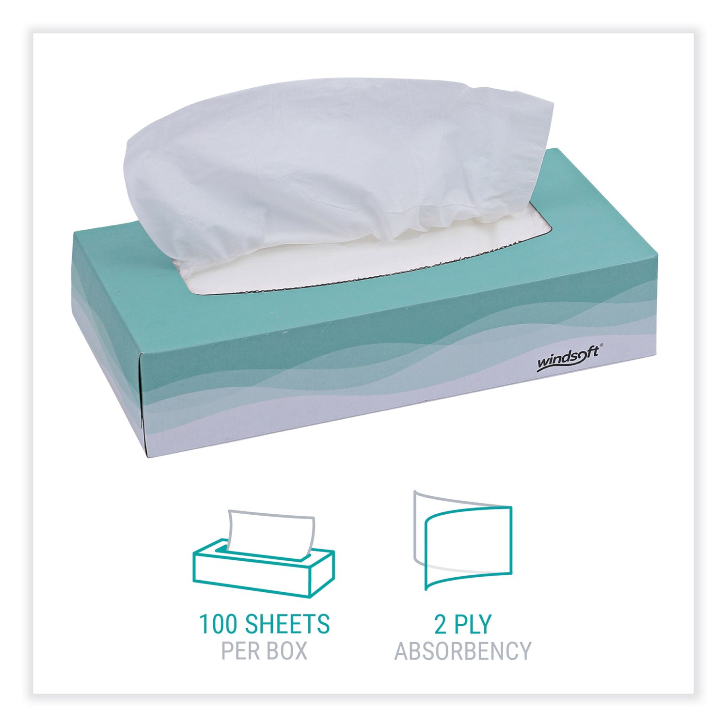 Facial Tissue, 2 Ply, White, Flat Pop-Up Box, 100 Sheets/Box, 30 Boxes/Carton - 