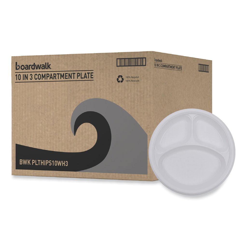 Hi-Impact Plastic Dinnerware, Plate, 3-Compartment, 10" dia, White, 500/Carton