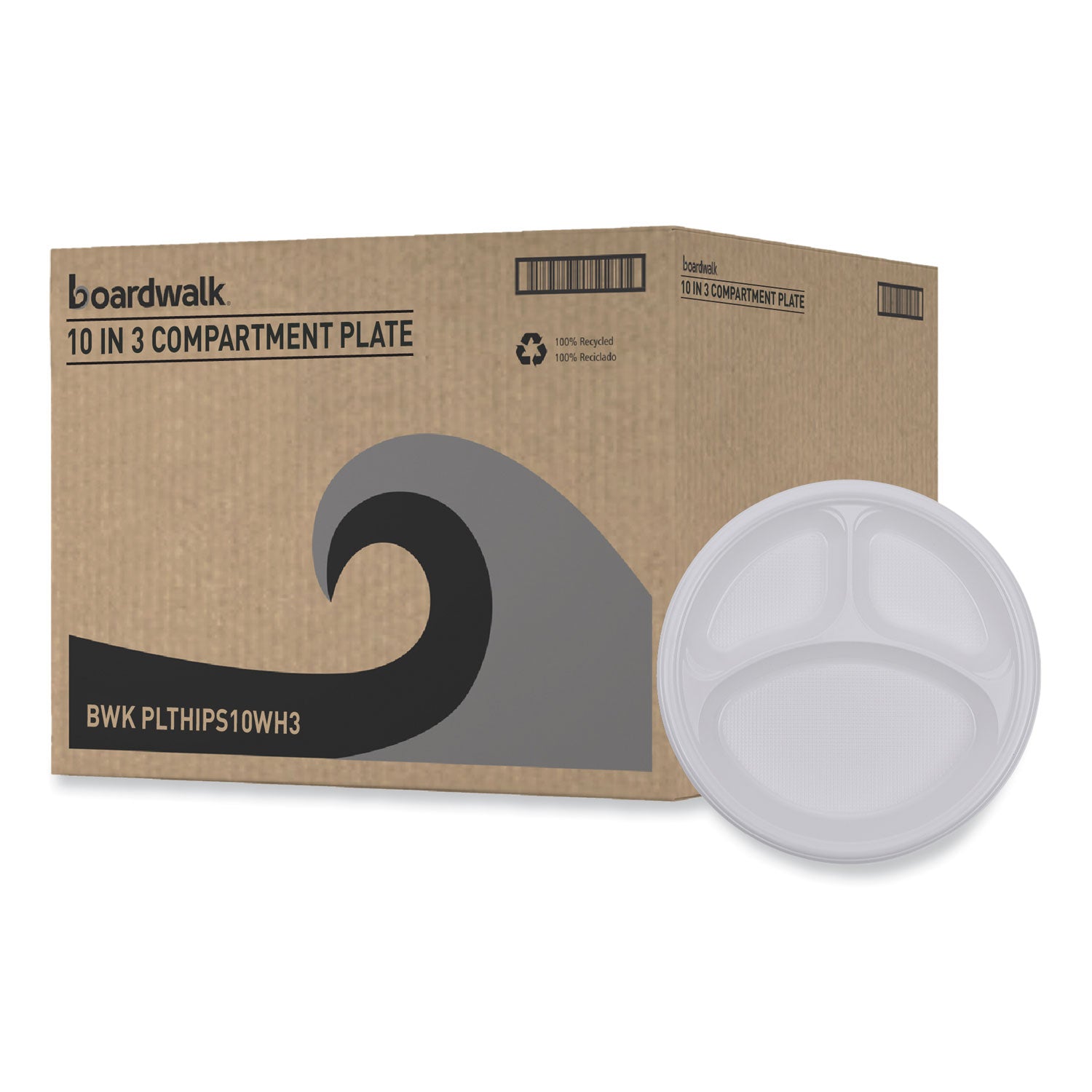 Hi-Impact Plastic Dinnerware, Plate, 3-Compartment, 10" dia, White, 500/Carton