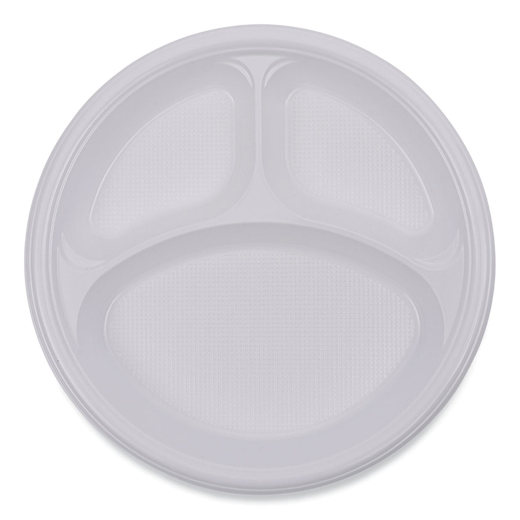 Hi-Impact Plastic Dinnerware, Plate, 3-Compartment, 10" dia, White, 500/Carton