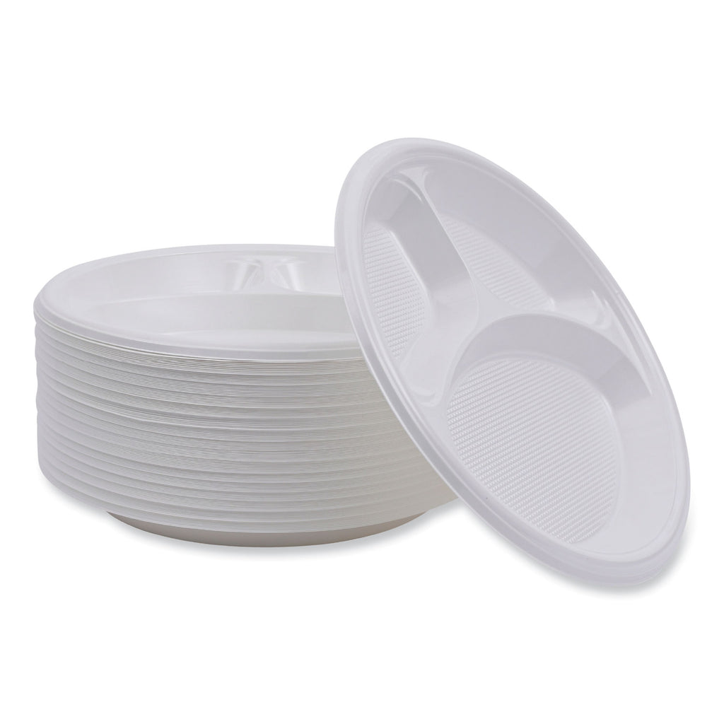 Hi-Impact Plastic Dinnerware, Plate, 3-Compartment, 10" dia, White, 500/Carton