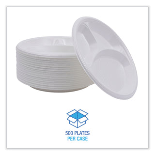 Hi-Impact Plastic Dinnerware, Plate, 3-Compartment, 10" dia, White, 500/Carton