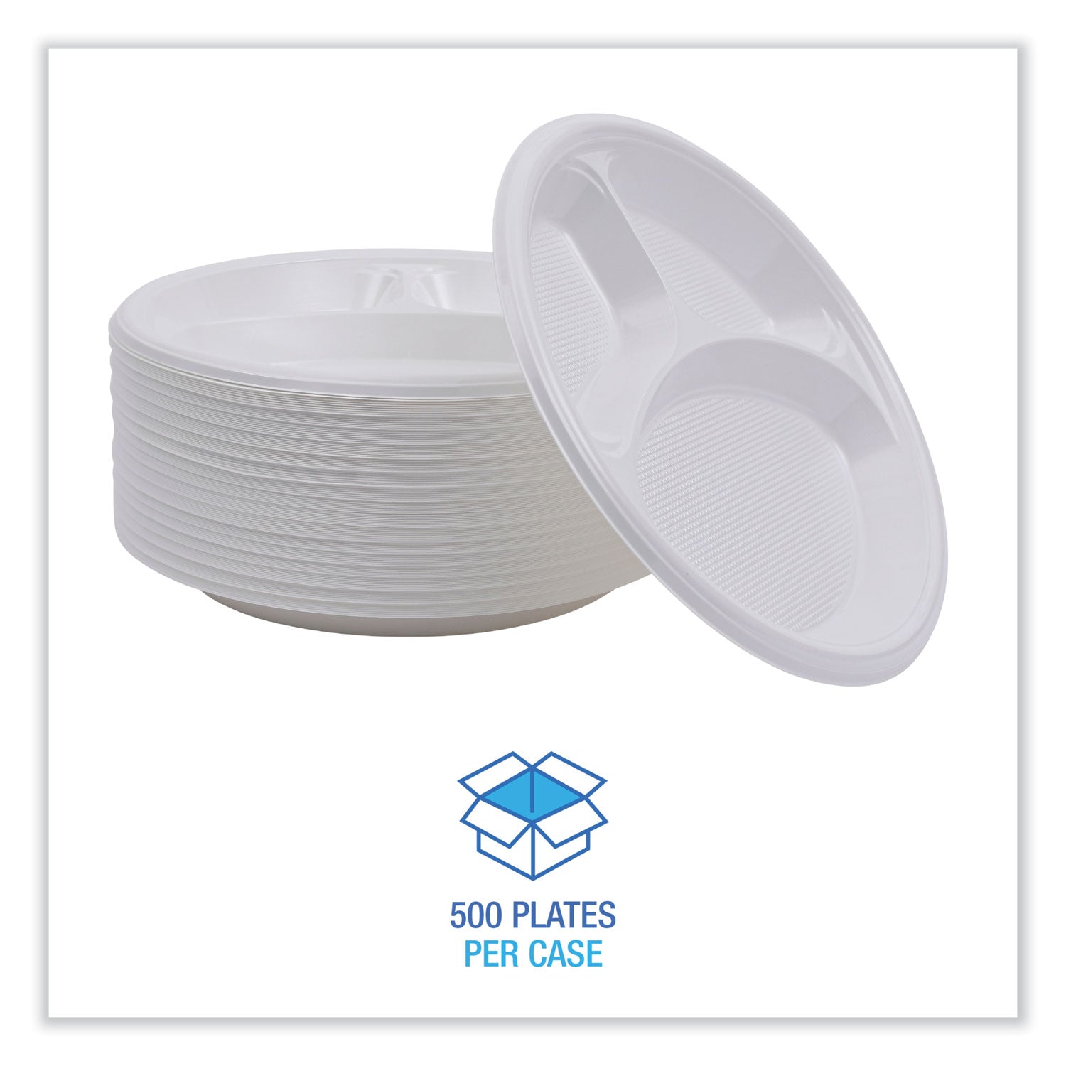 Hi-Impact Plastic Dinnerware, Plate, 3-Compartment, 10" dia, White, 500/Carton