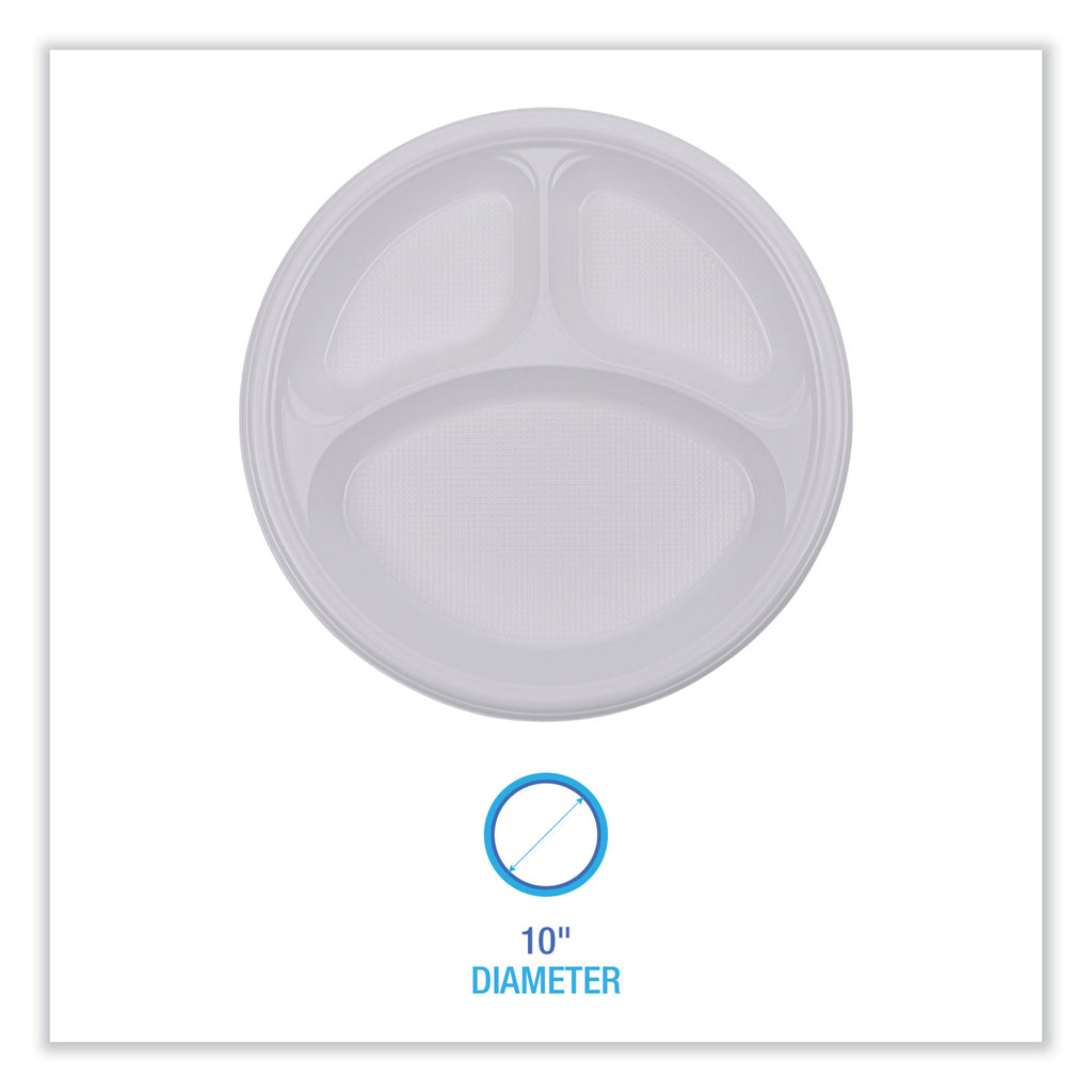 Hi-Impact Plastic Dinnerware, Plate, 3-Compartment, 10" dia, White, 500/Carton