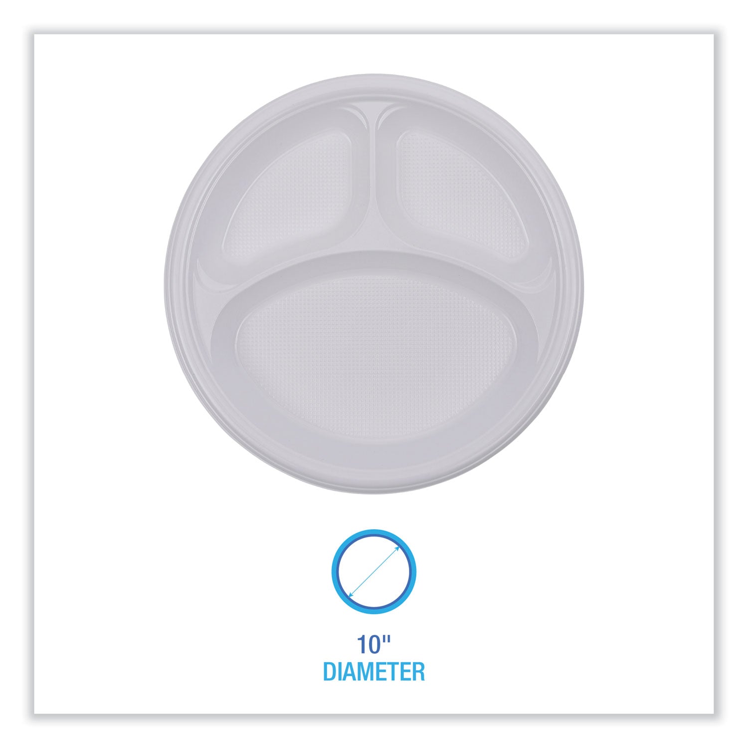 Hi-Impact Plastic Dinnerware, Plate, 3-Compartment, 10" dia, White, 500/Carton