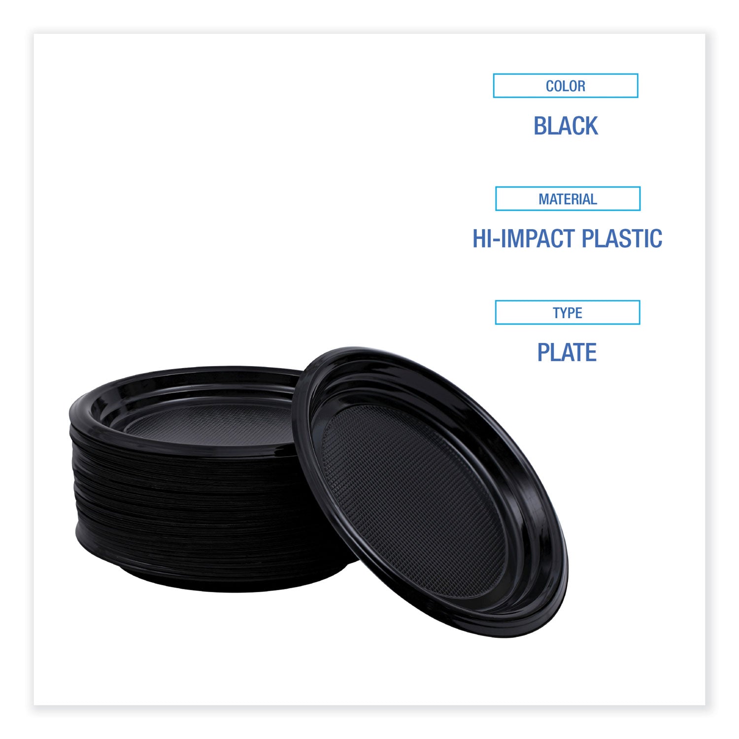 Hi-Impact Plastic Dinnerware, Plate, 9" dia, Black, 500/Carton