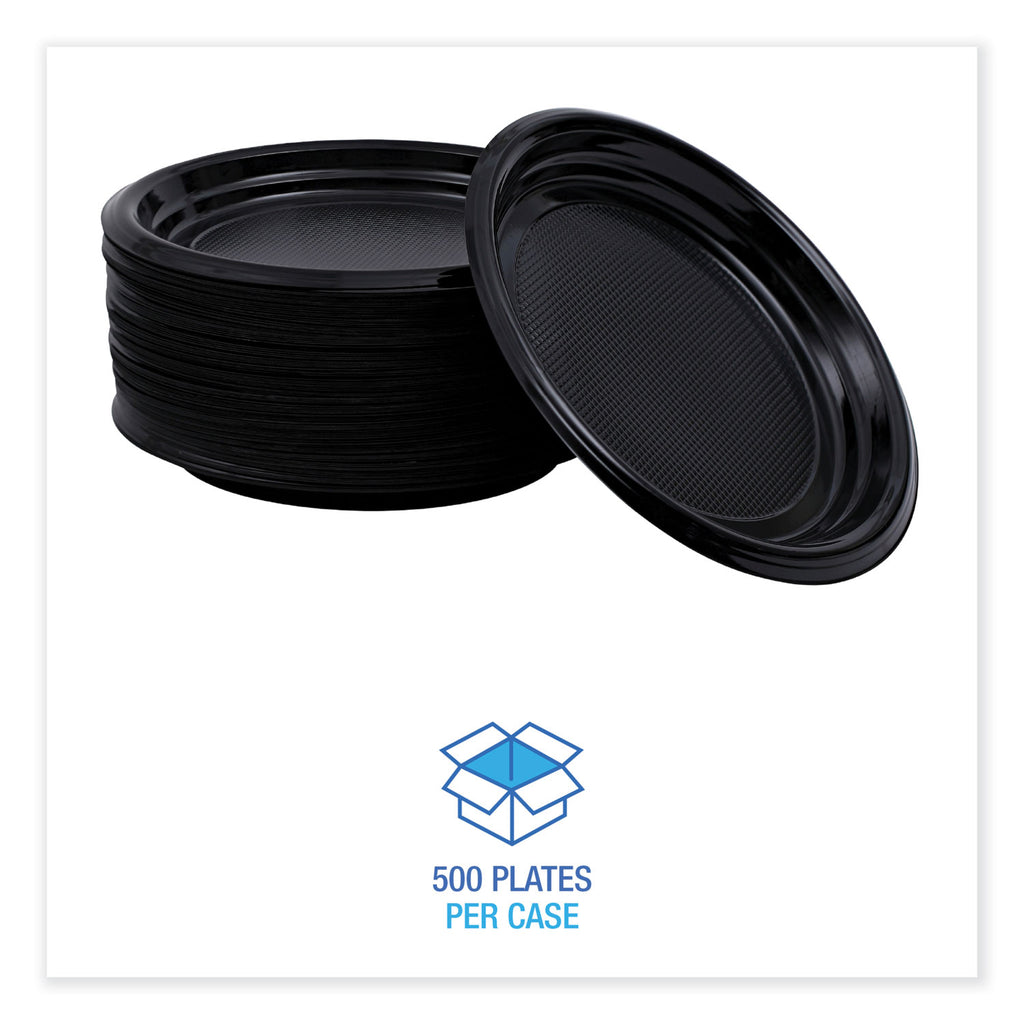 Hi-Impact Plastic Dinnerware, Plate, 9" dia, Black, 500/Carton