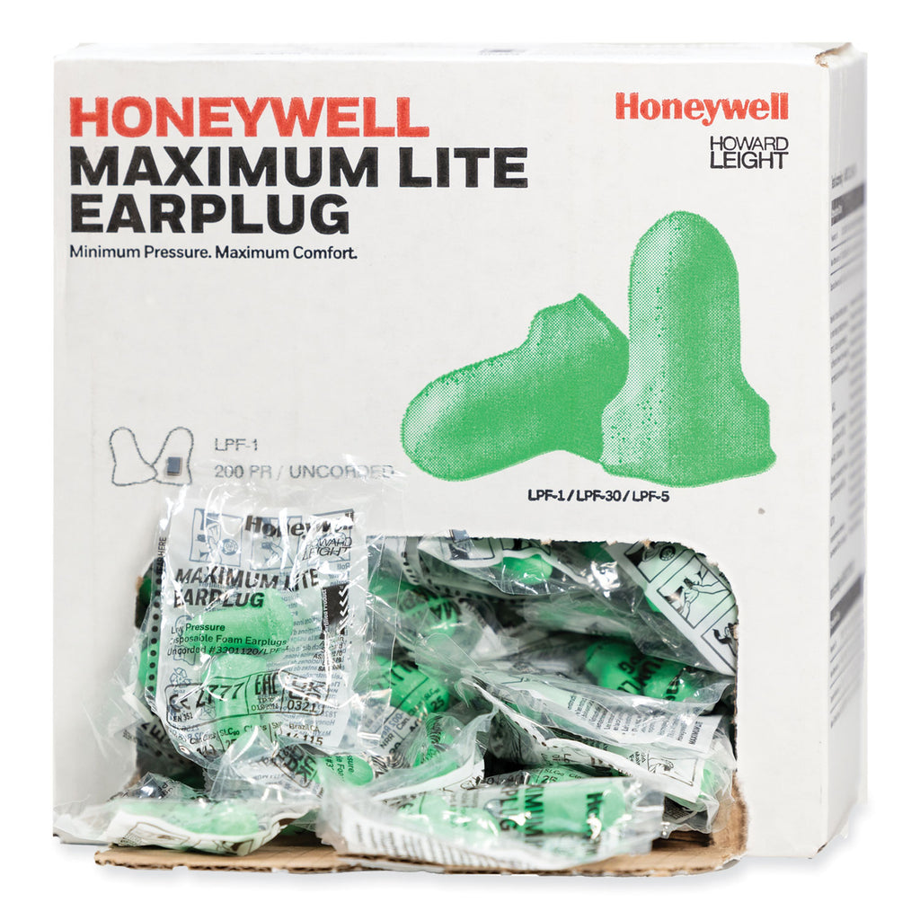 MAXIMUM Lite Single-Use Earplugs, Cordless, 30NRR, Green, 200 Pairs - 
