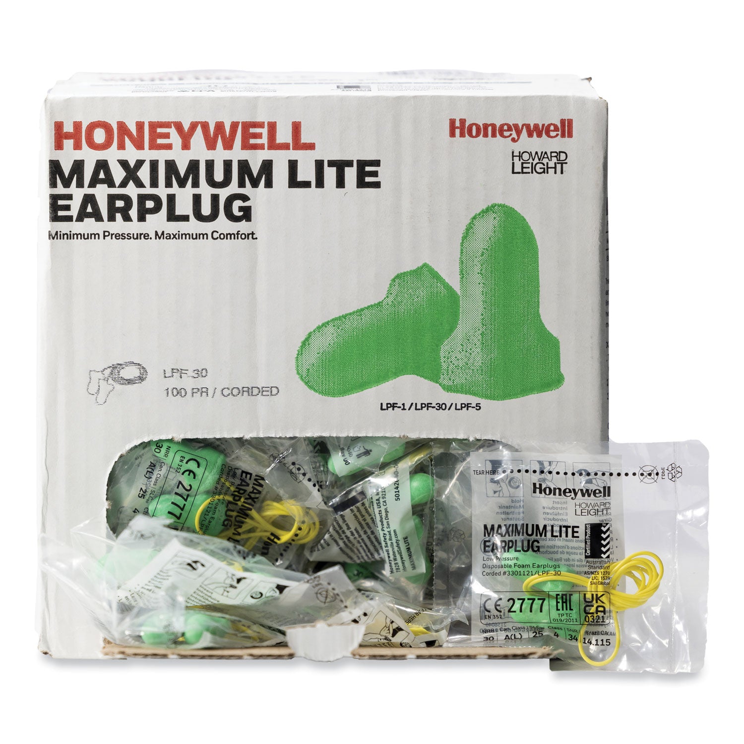 MAXIMUM Lite Single-Use Earplugs, Corded, 30NRR, Green, 100 Pairs - 