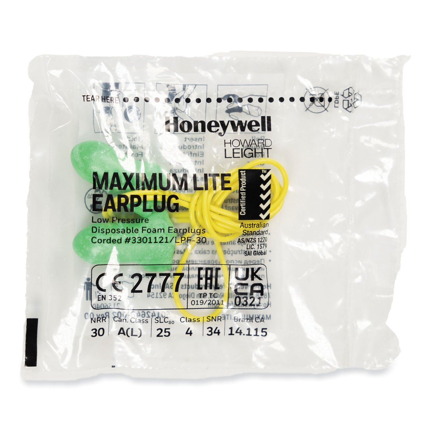 MAXIMUM Lite Single-Use Earplugs, Corded, 30NRR, Green, 100 Pairs - 