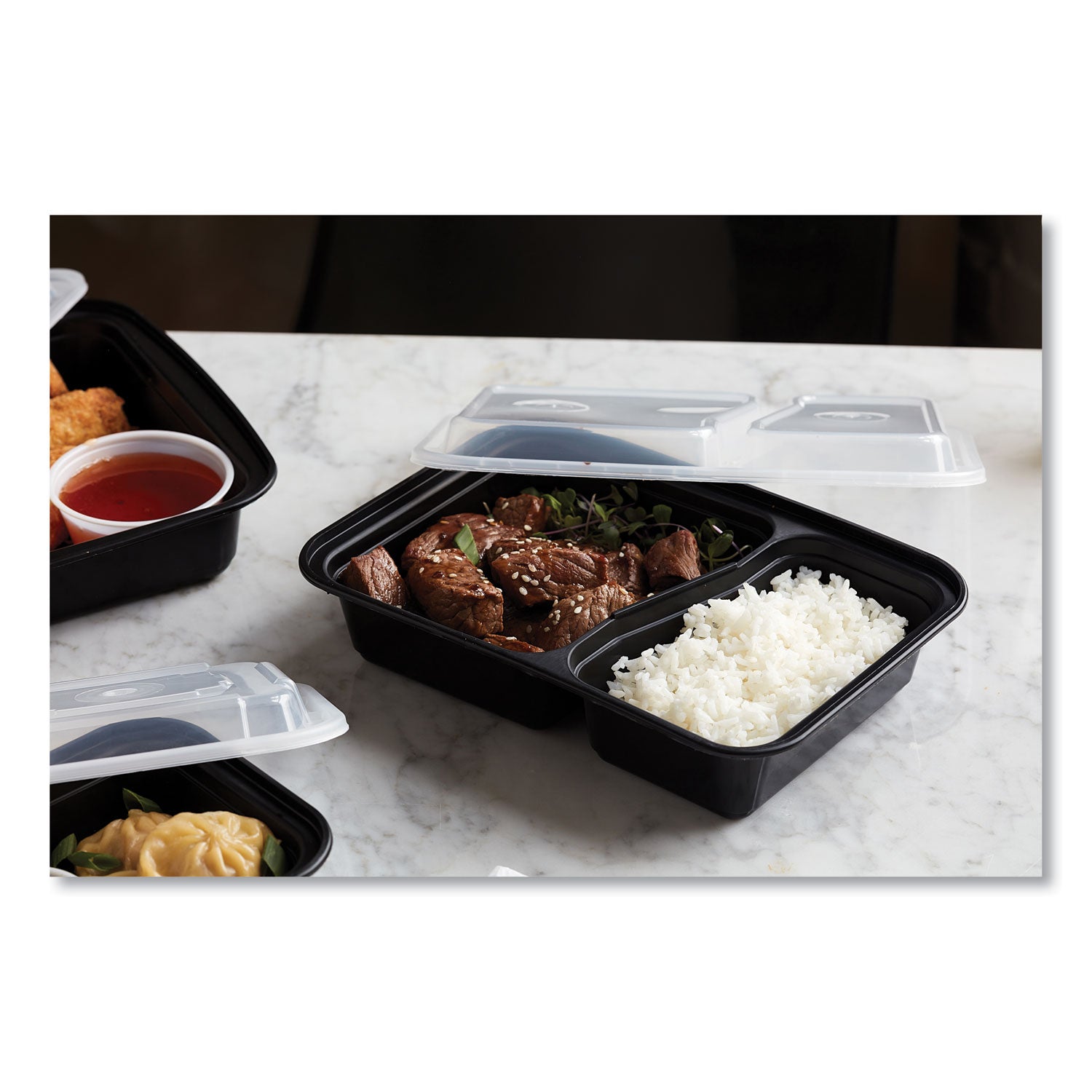 Newspring VERSAtainer Microwavable Containers, Rectangular, 2-Compartment, 30 oz, 6 x 8.5 x 2.5, Black/Clear, Plastic, 150/CT