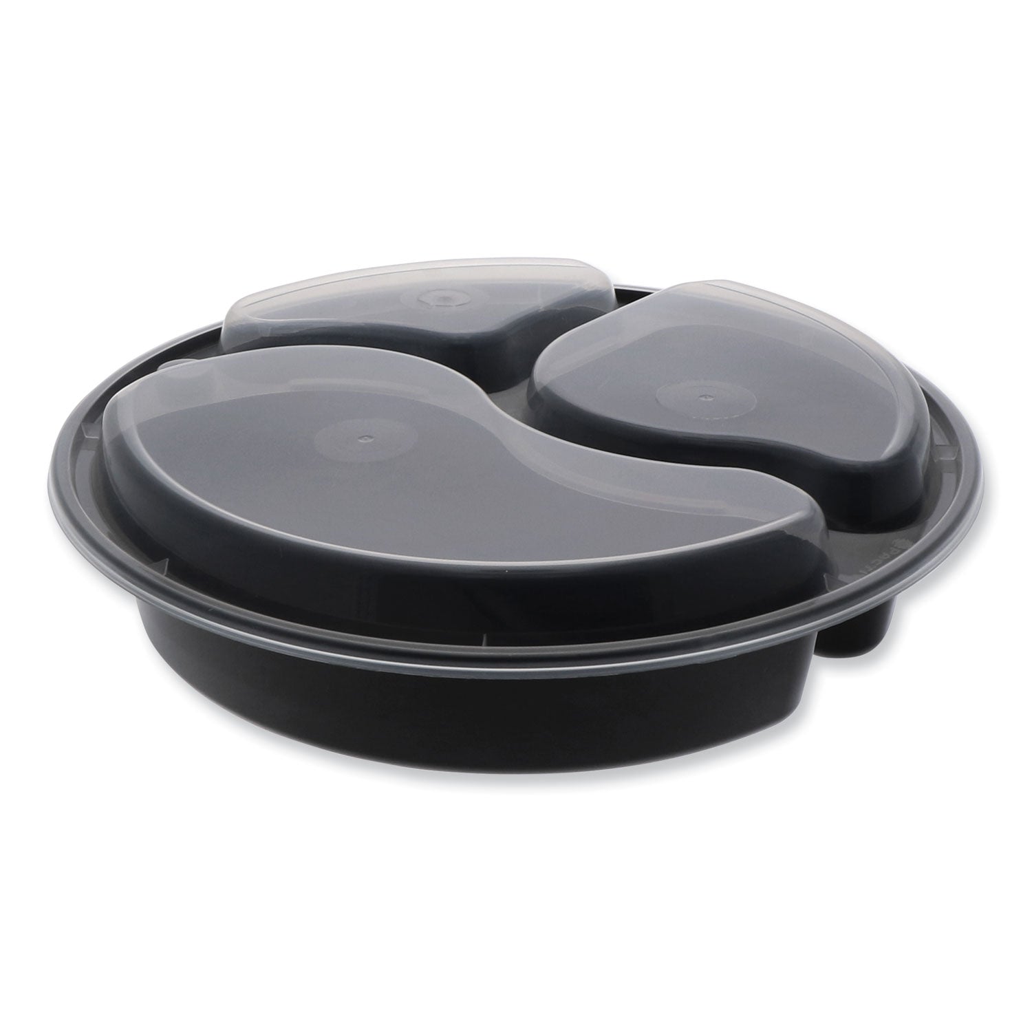 newspring-versatainer-microwavable-containers-round-3-compartment-39-oz-9-x-9-x-225-black-clear-plastic-150-carton_pctnc9388b - 1