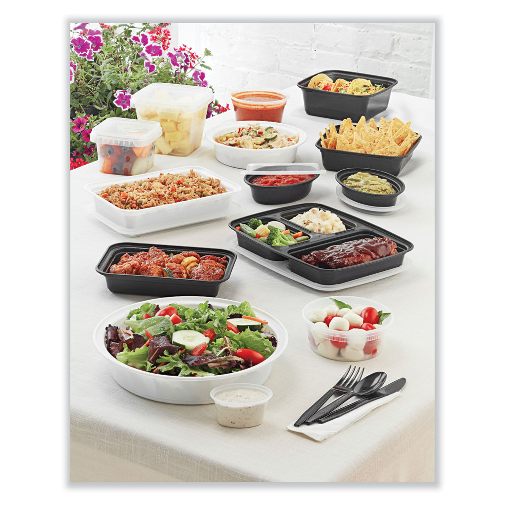 Newspring VERSAtainer Microwavable Containers, Round, 3-Compartment, 39 oz, 9 x 9 x 2.25, Black/Clear, Plastic, 150/Carton