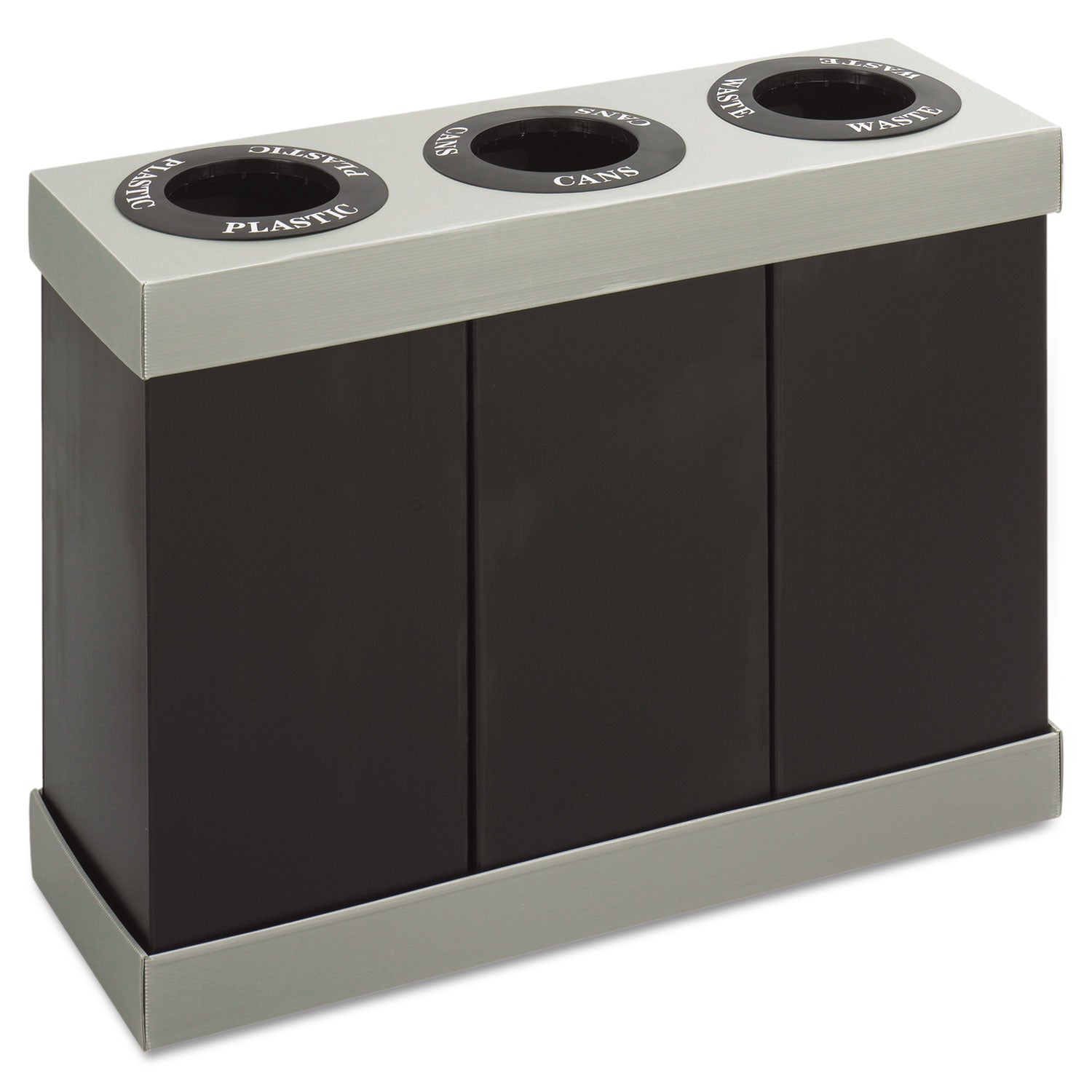 Safco At-Your-Disposal 3-bin Recycling Center - 28 gal Capacity - Rectangular - 33" Height x 46" Width x 16" Depth - Corrugated Plastic - Black - 1 Each