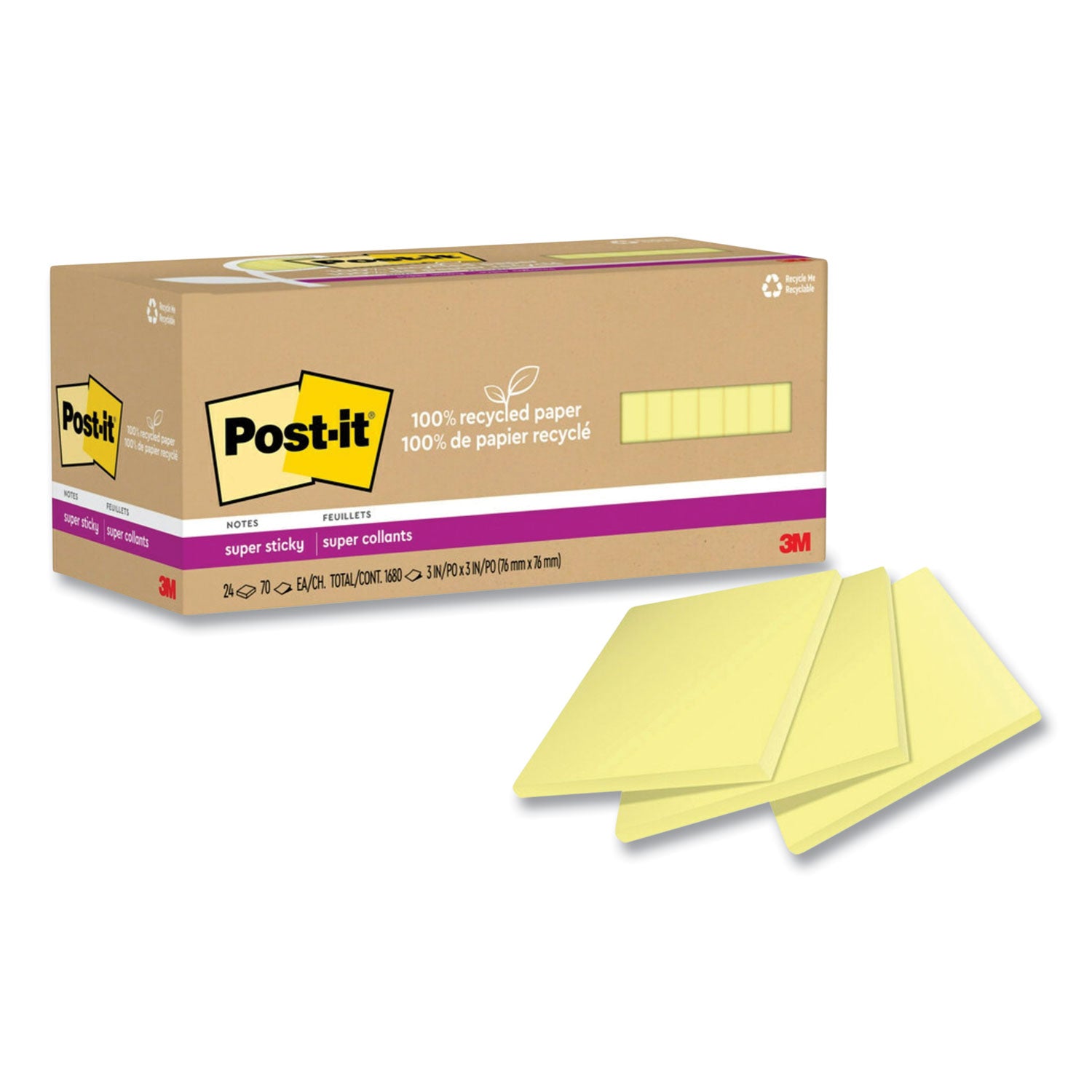 100%-recycled-paper-super-sticky-notes-3-x-3-canary-yellow-70-sheets-pad-24-pads-pack_mmm654r24sscycp - 2