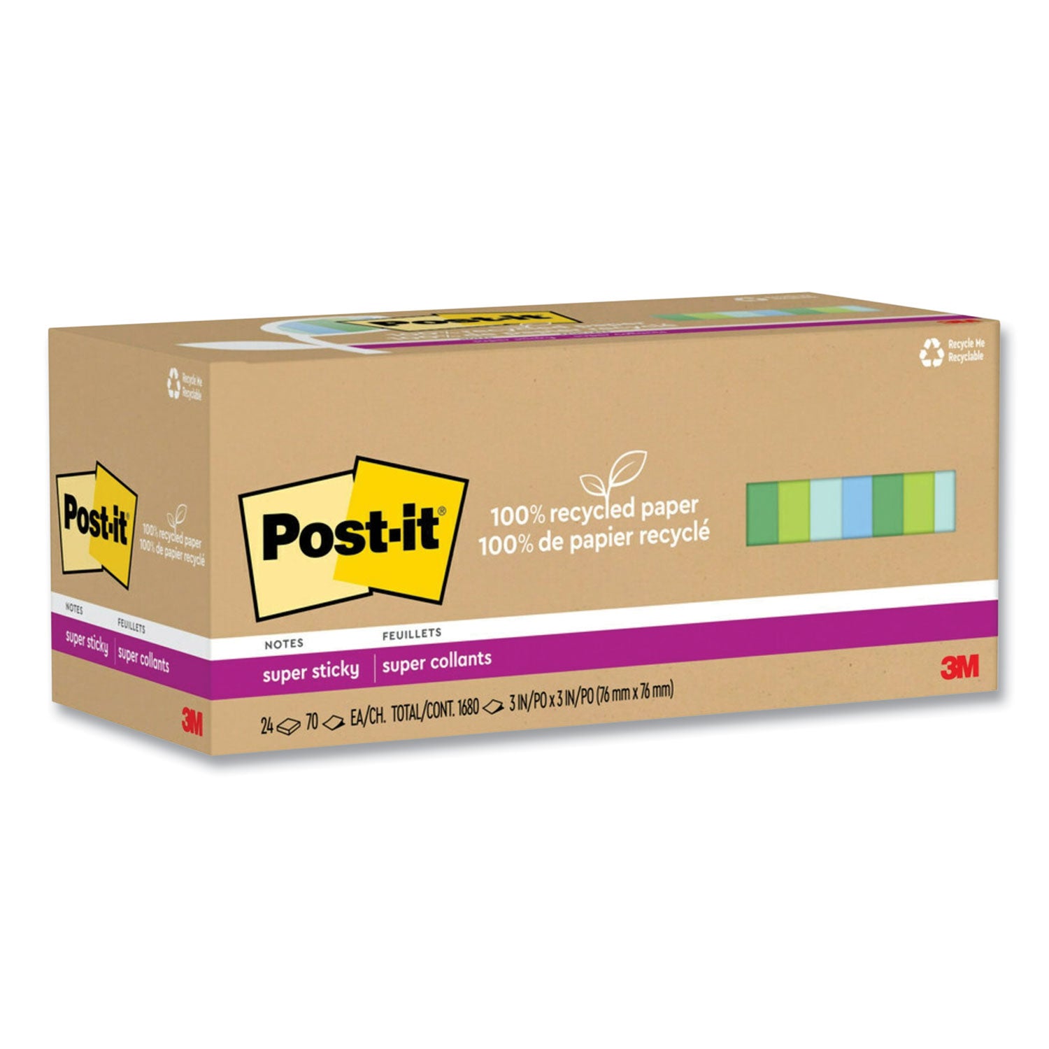 100%-recycled-paper-super-sticky-notes-3-x-3-oasis-70-sheets-pad-24-pads-pack_mmm654r24sstcp - 1