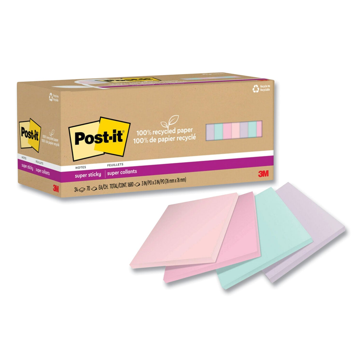 100%-recycled-paper-super-sticky-notes-3-x-3-wanderlust-pastels-70-sheets-pad-24-pads-pack_mmm654r24ssnrp - 2