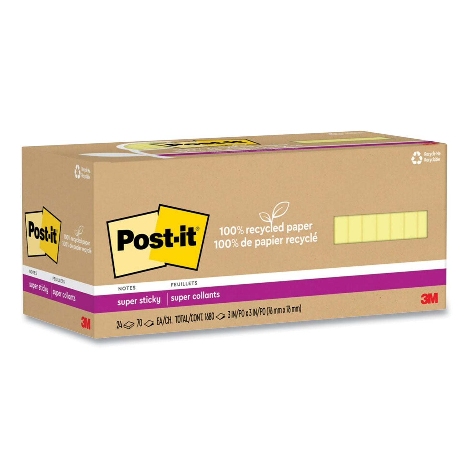 100%-recycled-paper-super-sticky-notes-3-x-3-canary-yellow-70-sheets-pad-24-pads-pack_mmm654r24sscycp - 1