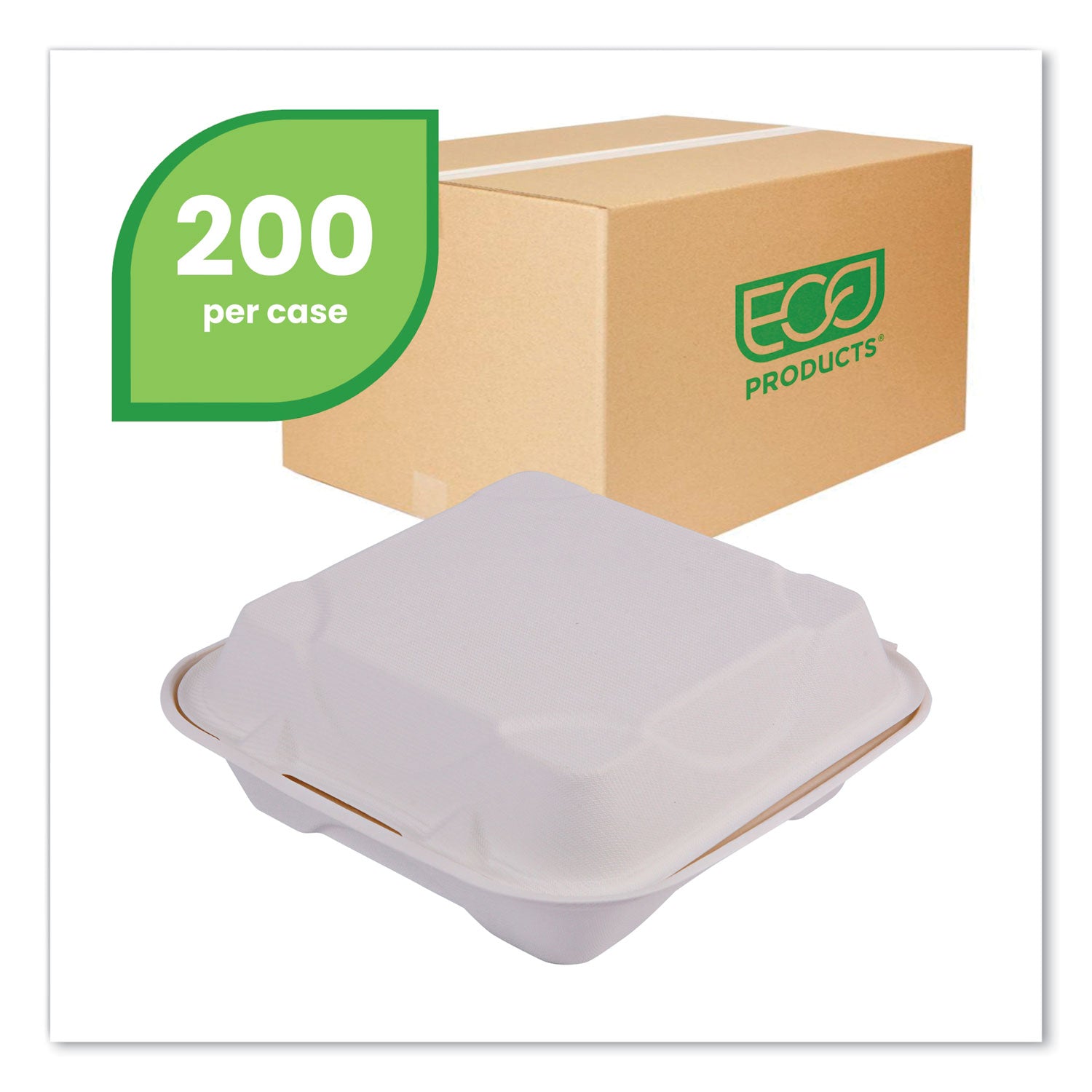 Renewable And Compostable Sugarcane Clamshells - 8" X 8" X 3", 50/packs, 4 Packs/carton
