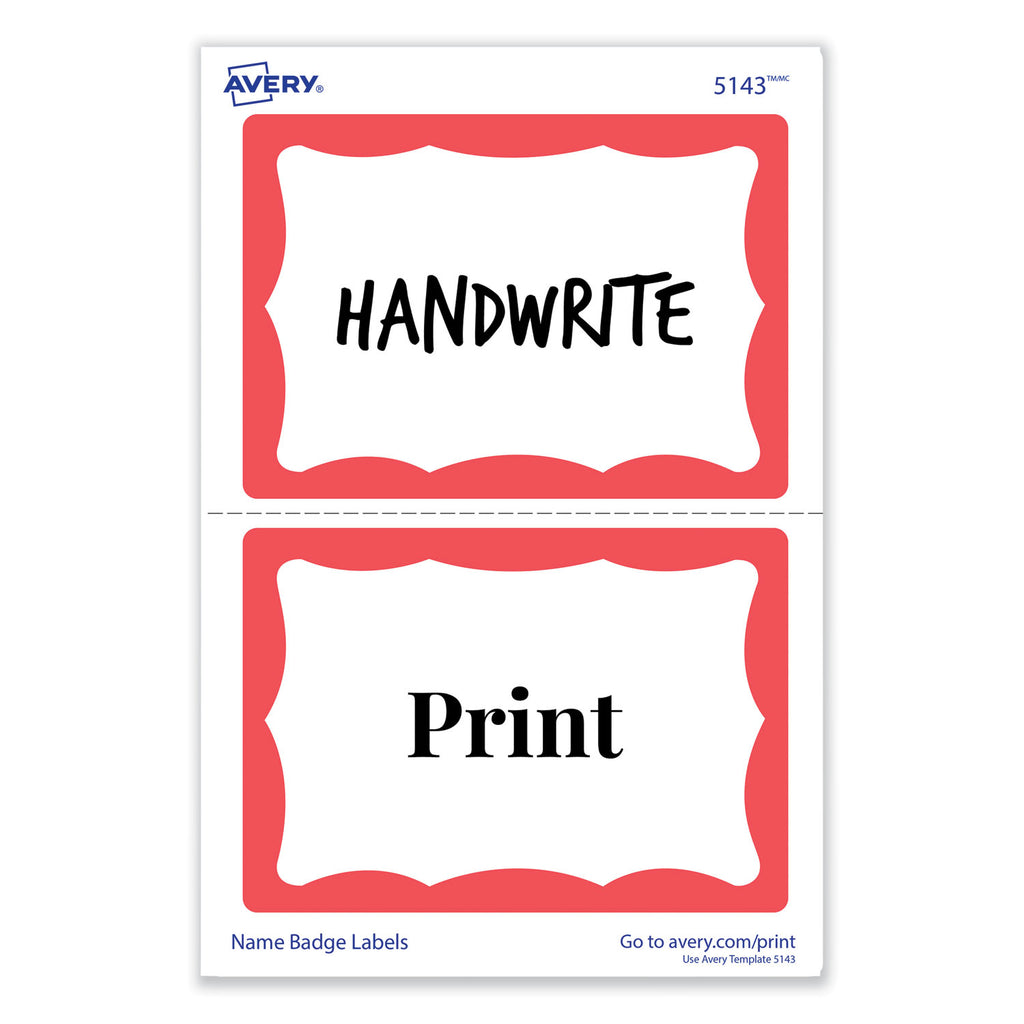 Printable Adhesive Name Badges, 3.38 x 2.33, Red Border, 100/Pack