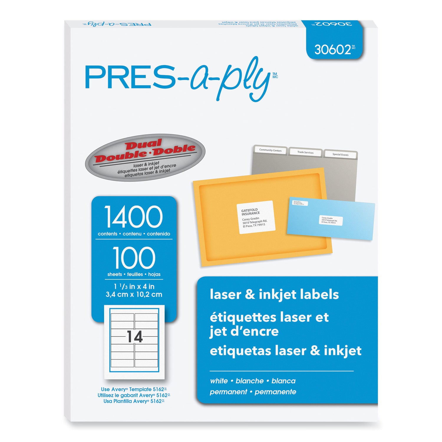 Labels, Laser Printers, 1.33 x 4, White, 14/Sheet, 100 Sheets/Box - 
