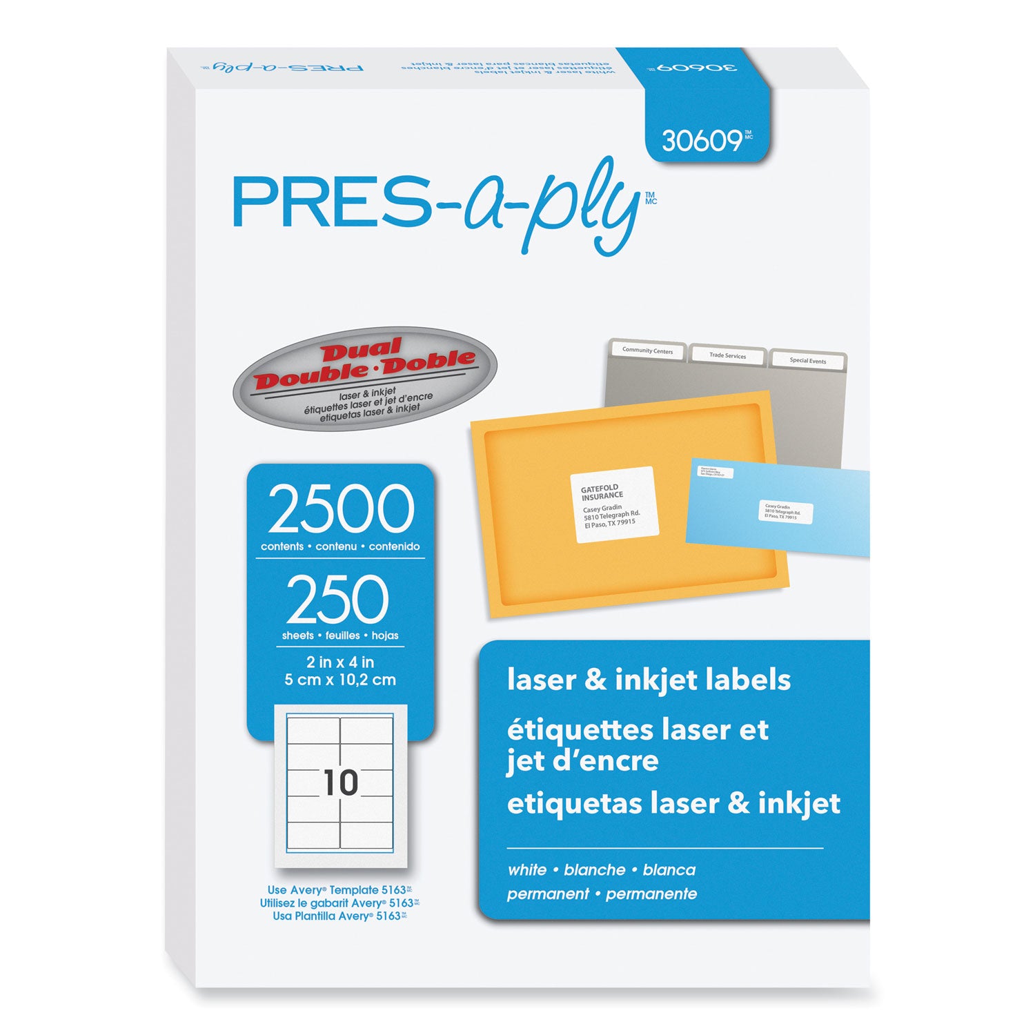 Labels, Laser Printers, 2 x 4, White, 10/Sheet, 250 Sheets/Box - 