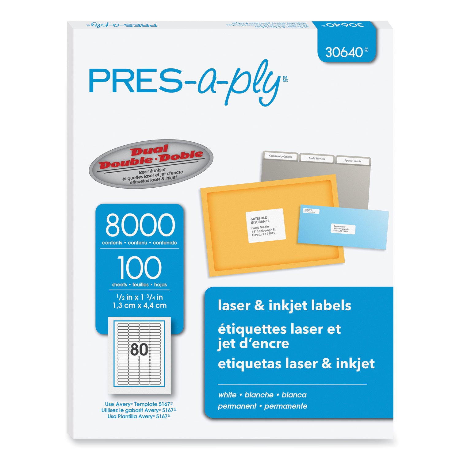 Labels, Inkjet/Laser Printers, 0.5 x 1.75, White, 80/Sheet, 100 Sheets/Pack - 